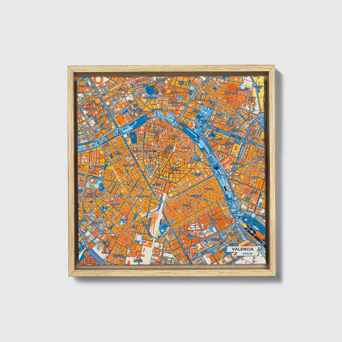 Valencia Spain Colorful City Map Canvas Print • Natural Wooden Framed