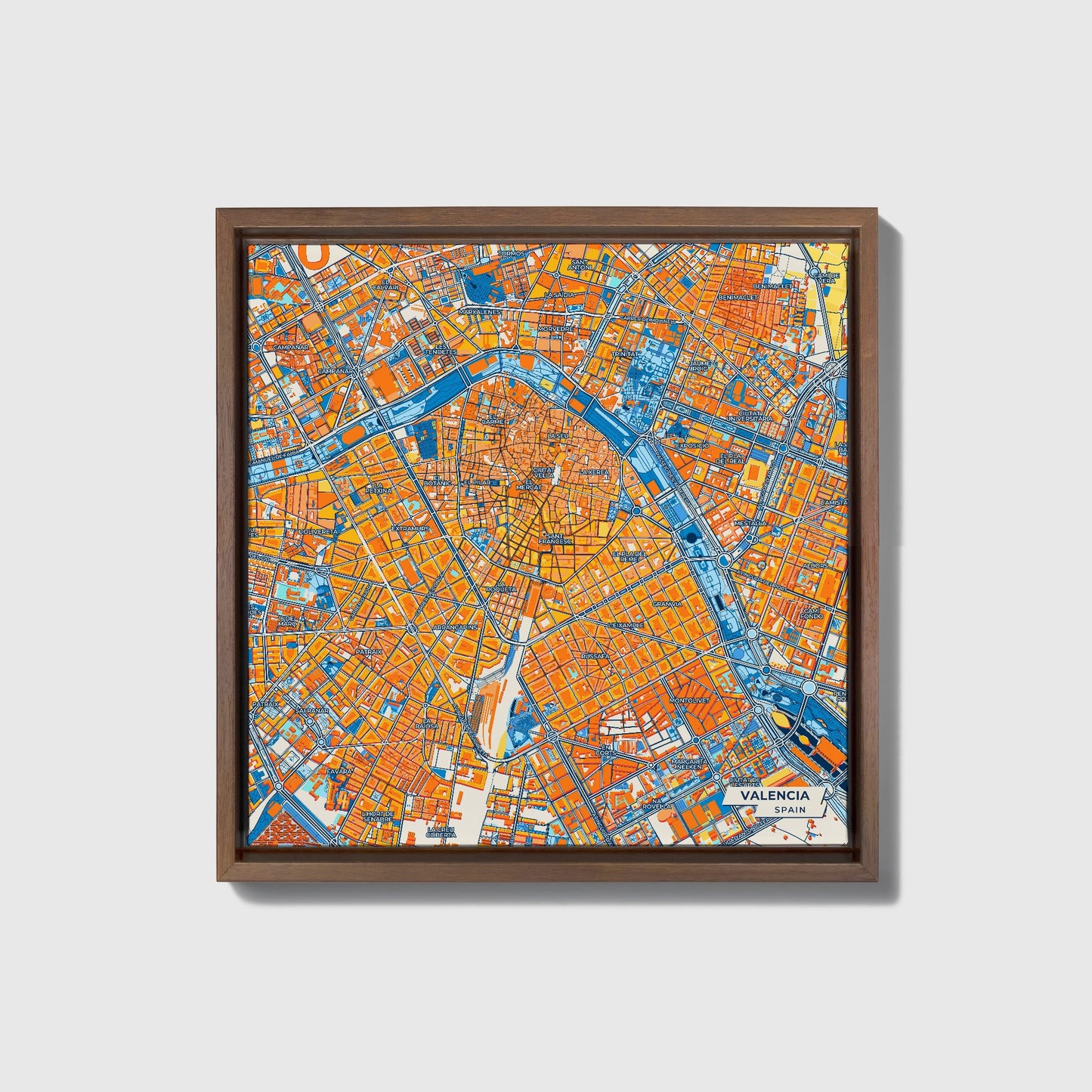 Valencia Spain Colorful City Map Canvas Print • Dark Wooden Framed