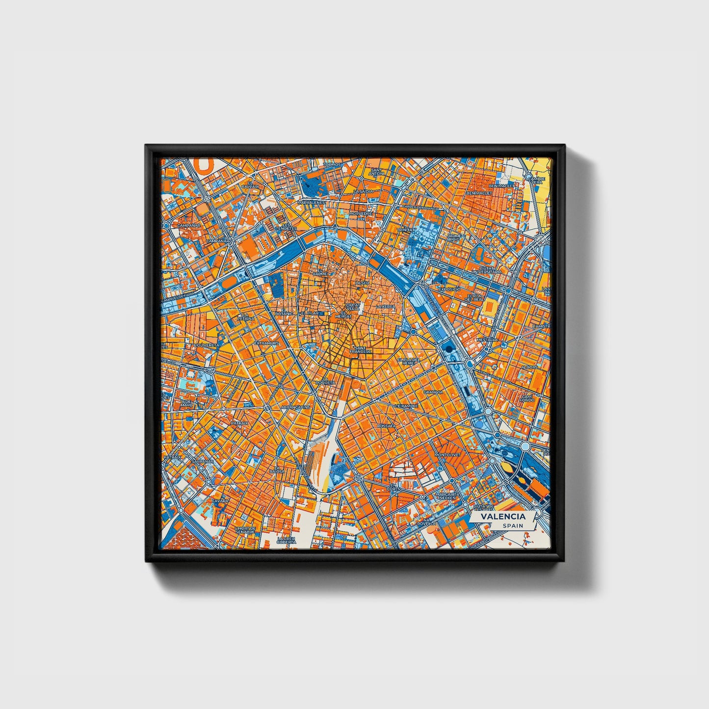 Valencia Spain Colorful City Map Canvas Print • Black Framed