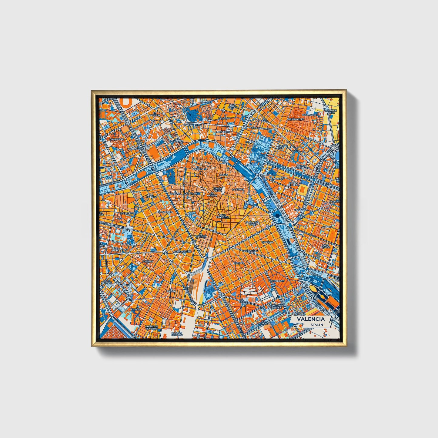 Valencia Spain Colorful City Map Canvas Print • Gold Framed