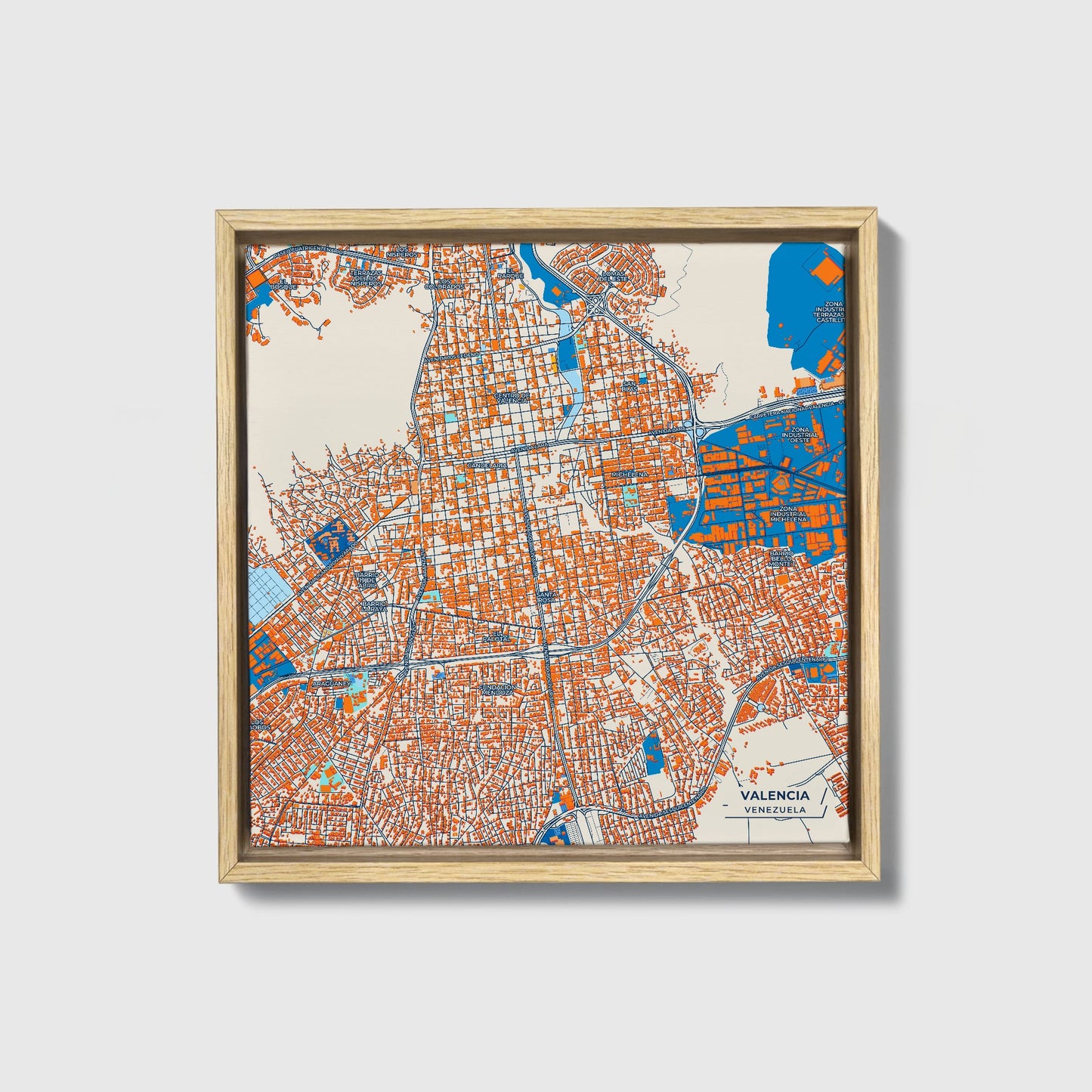Valencia Venezuela Colorful City Map Canvas Print • Natural Wooden Framed
