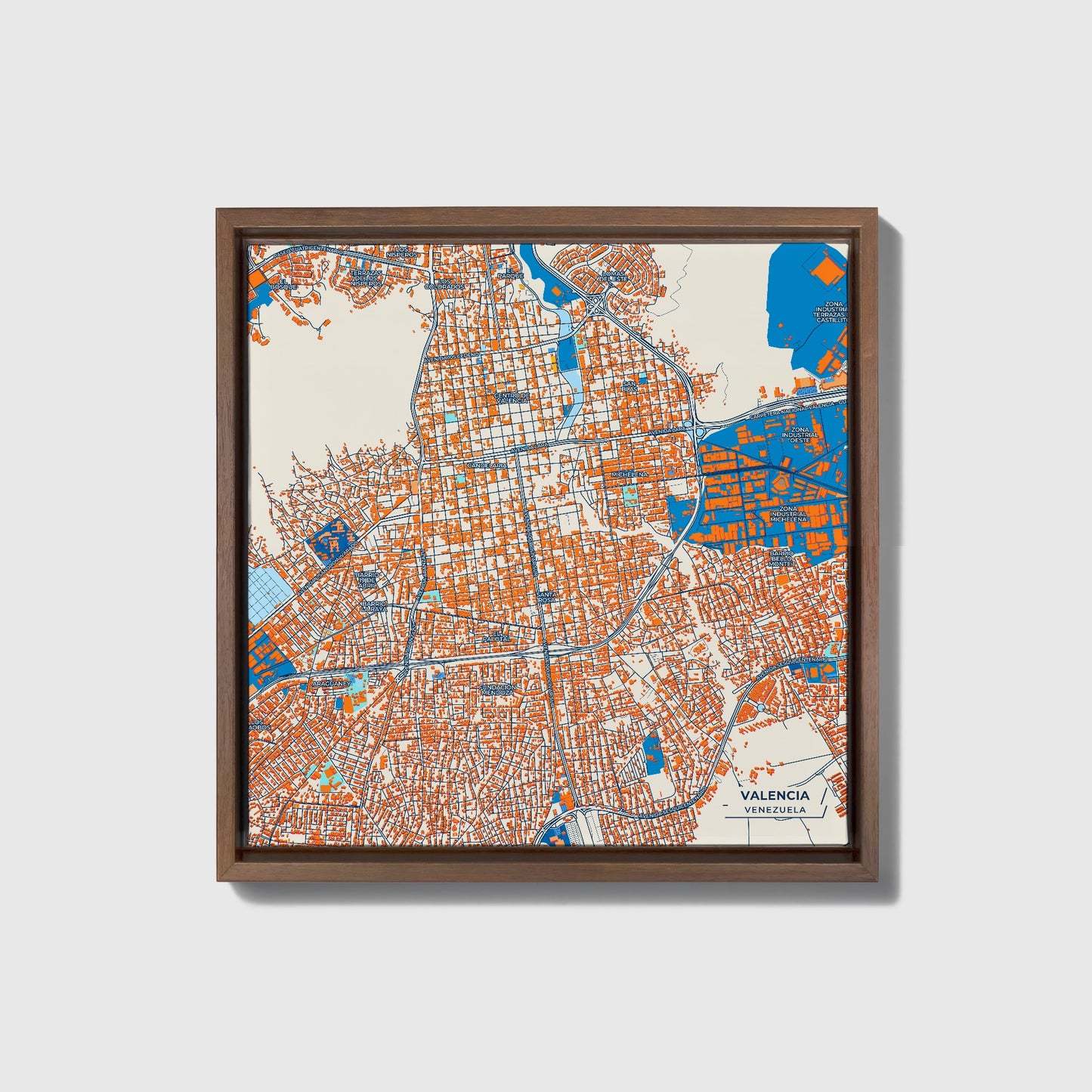 Valencia Venezuela Colorful City Map Canvas Print • Dark Wooden Framed