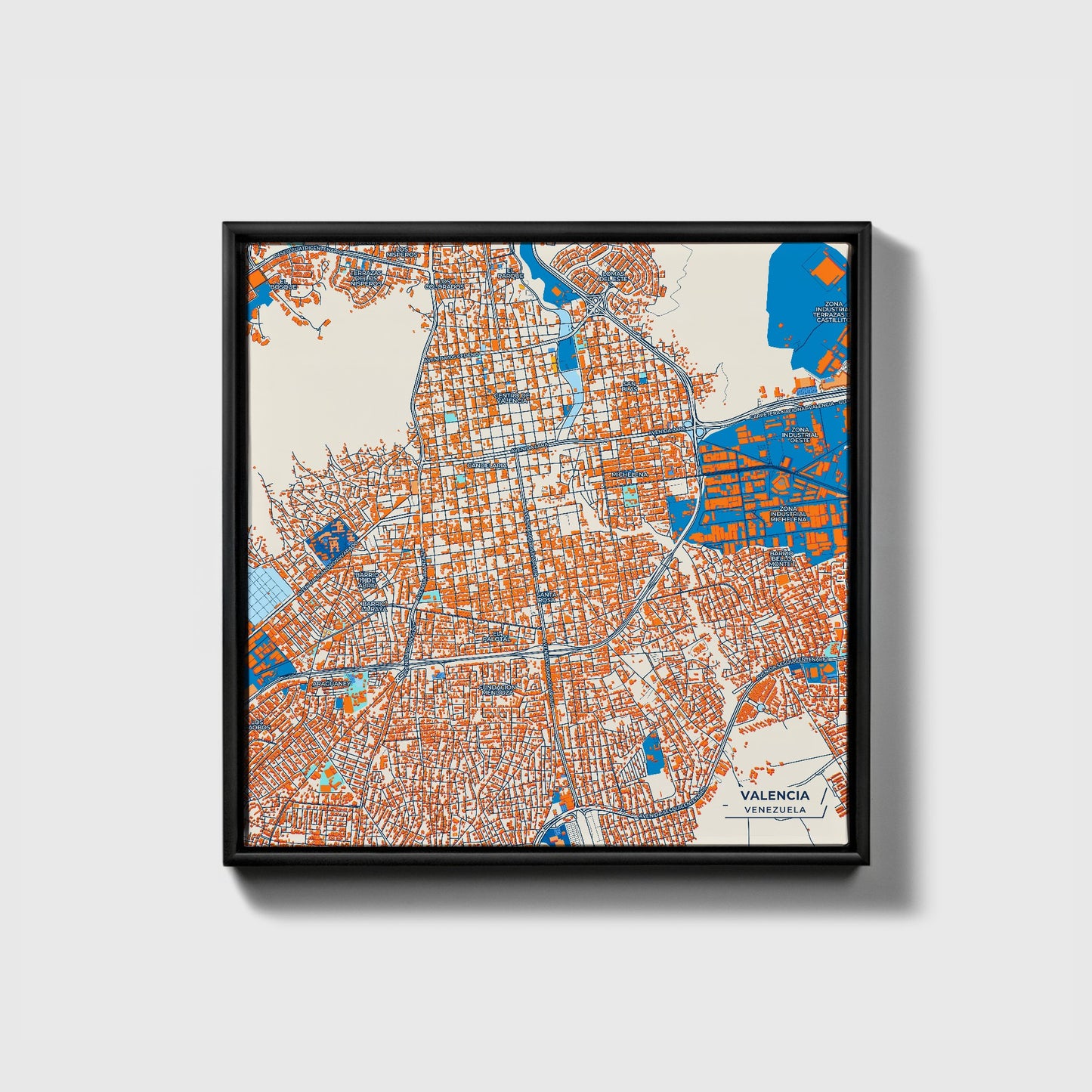 Valencia Venezuela Colorful City Map Canvas Print • Black Framed