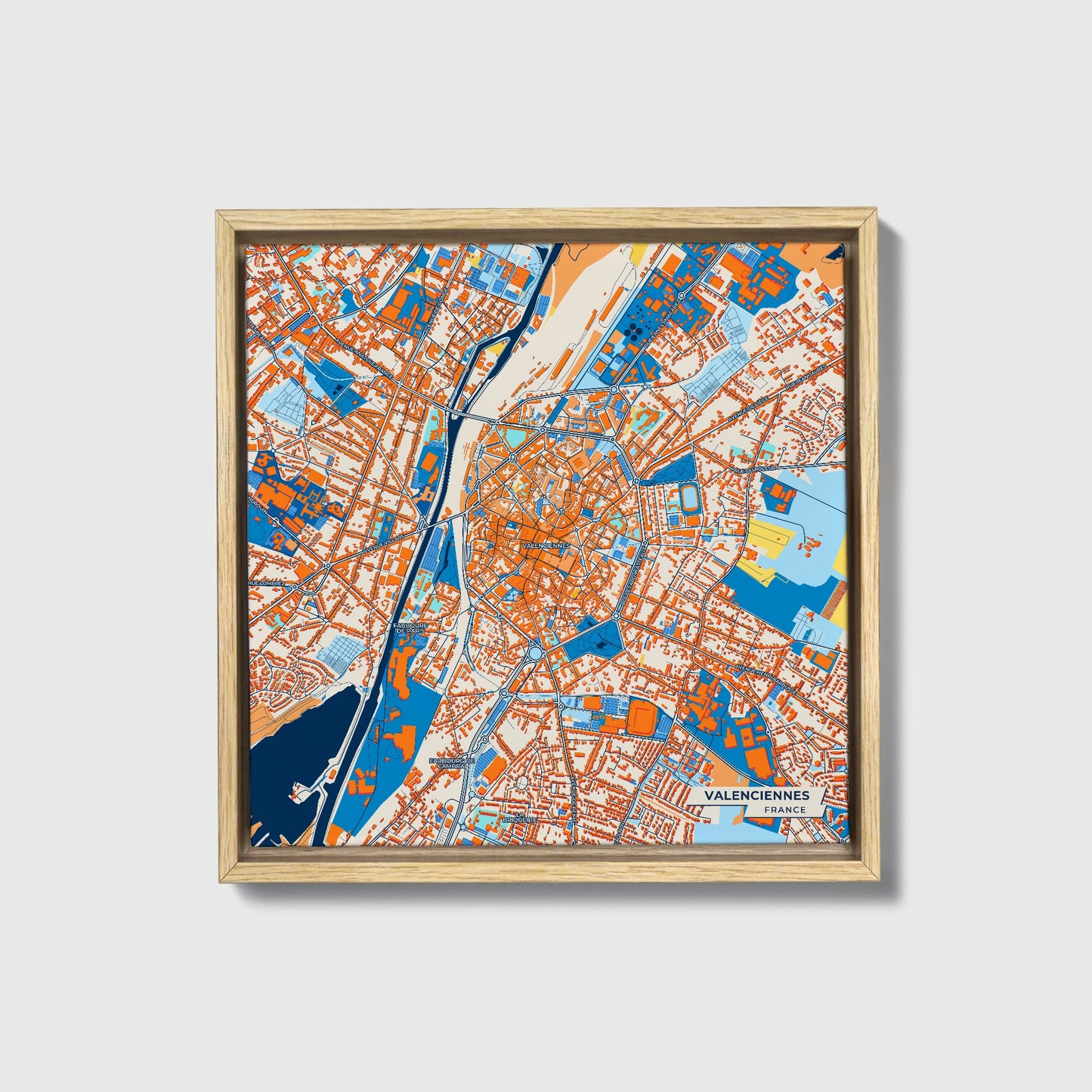 Valenciennes France Colorful City Map Canvas Print • Natural Wooden Framed