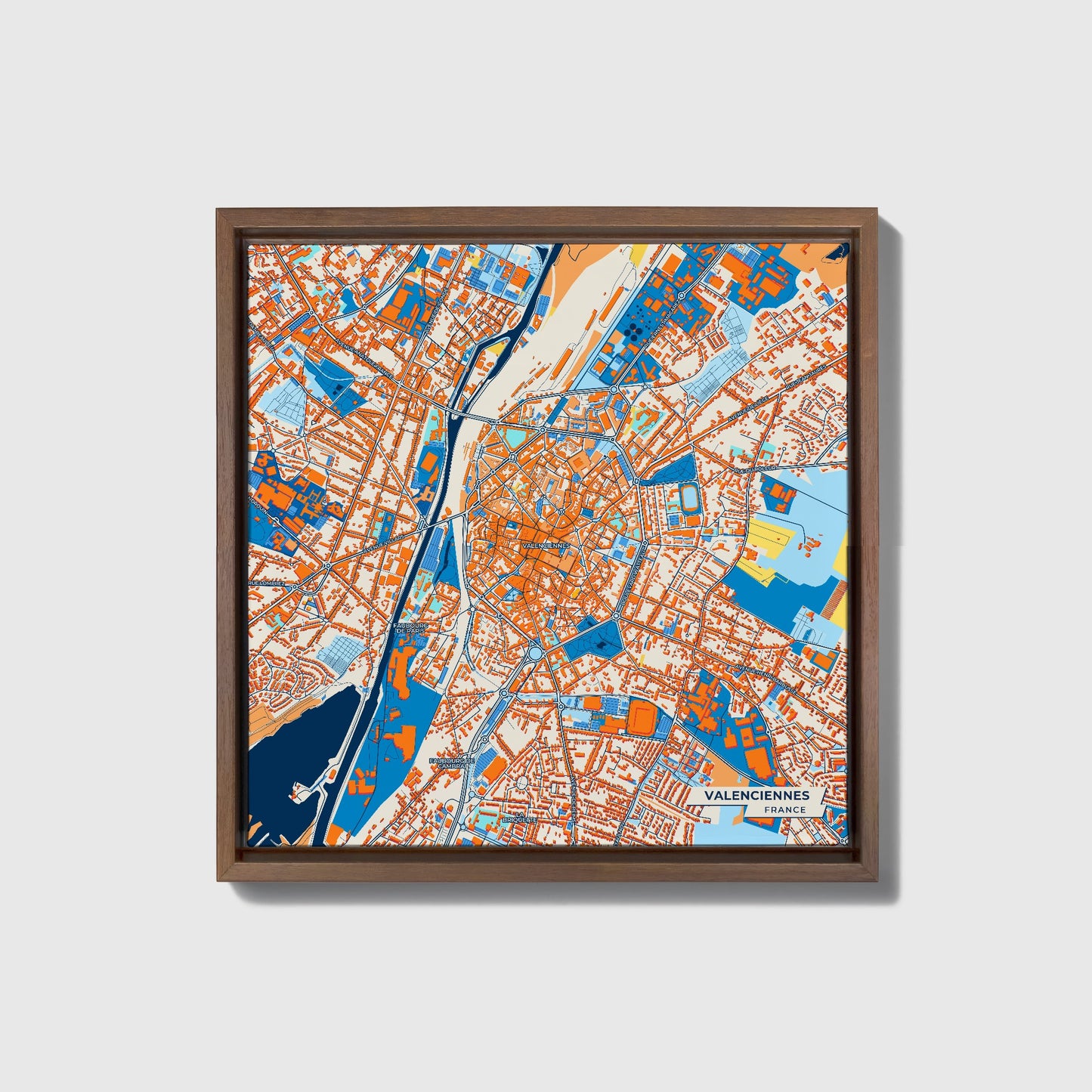 Valenciennes France Colorful City Map Canvas Print • Dark Wooden Framed