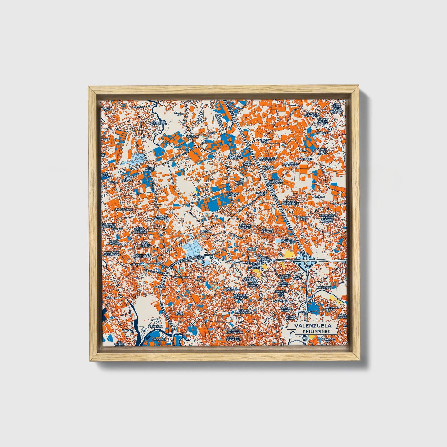 Valenzuela Philippines Colorful City Map Canvas Print • Natural Wooden Framed