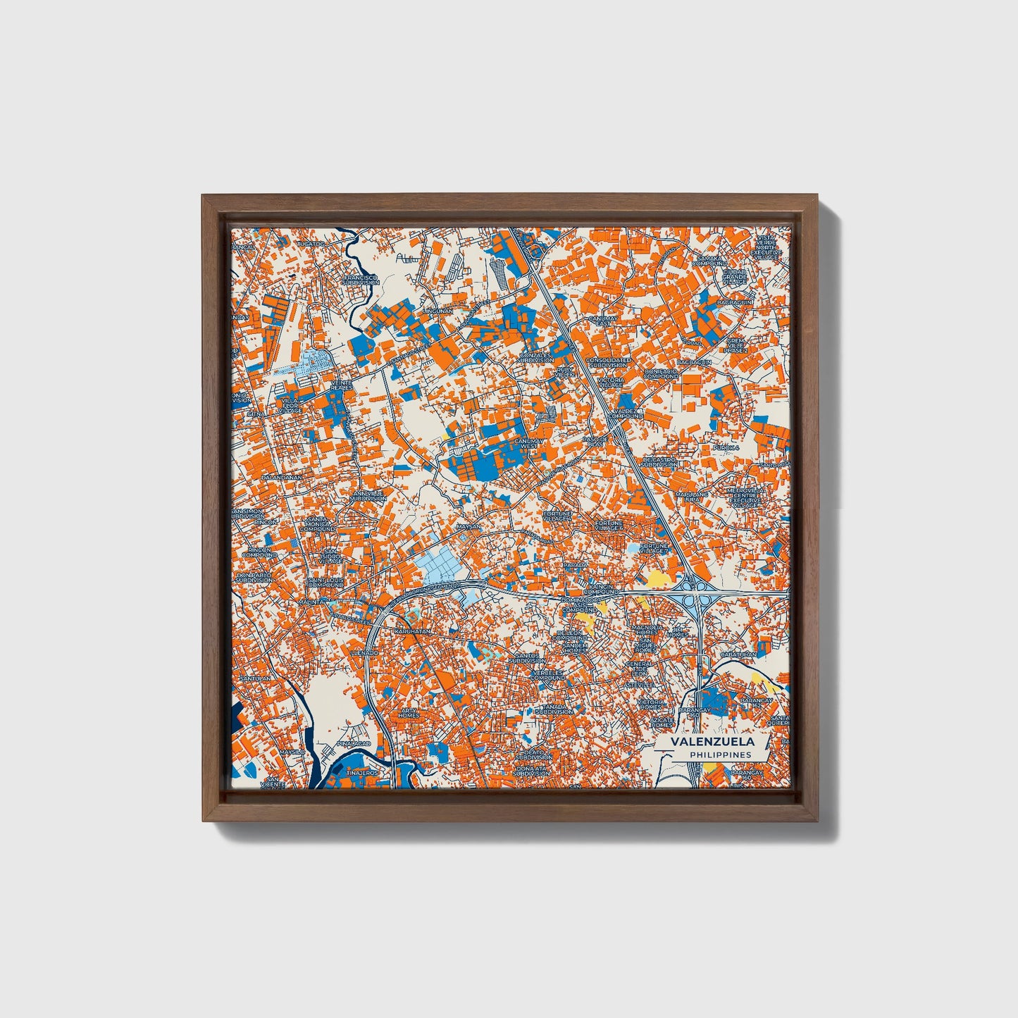 Valenzuela Philippines Colorful City Map Canvas Print • Dark Wooden Framed