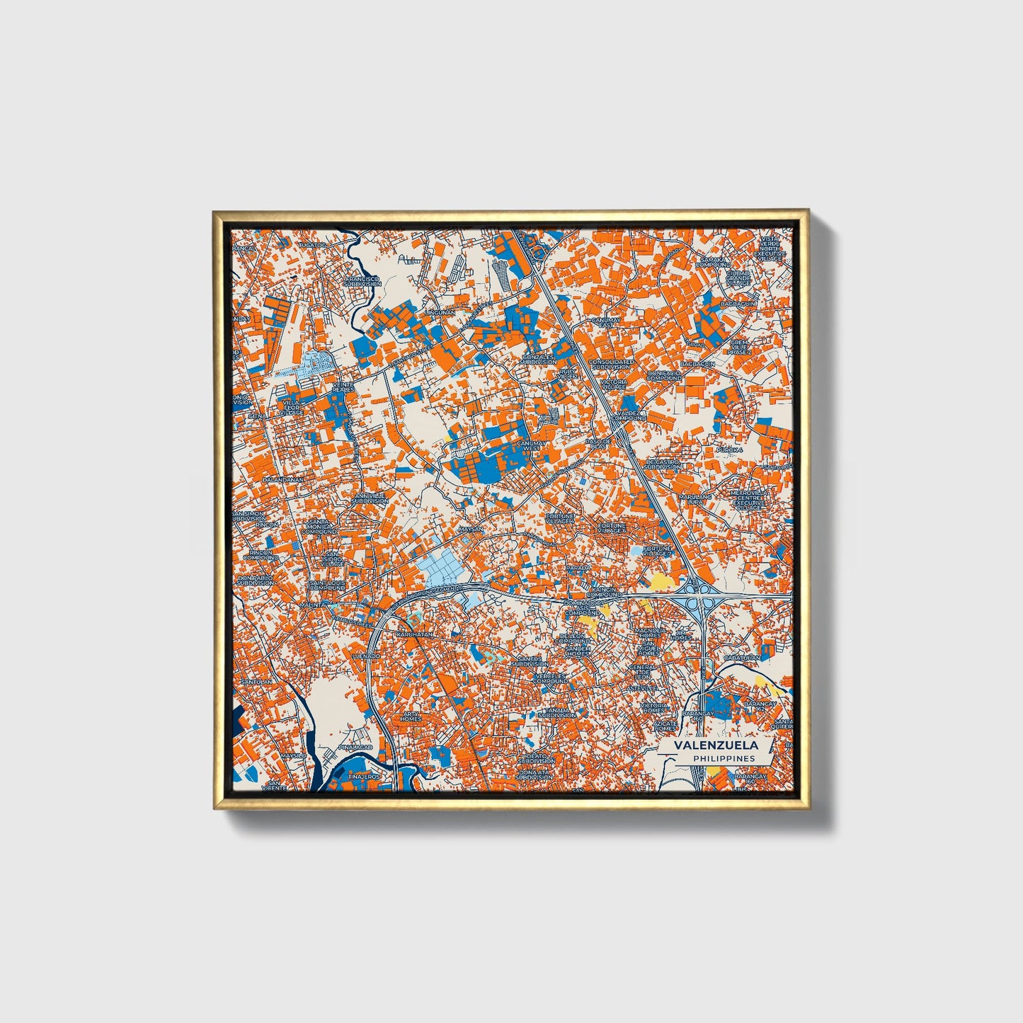 Valenzuela Philippines Colorful City Map Canvas Print • Gold Framed