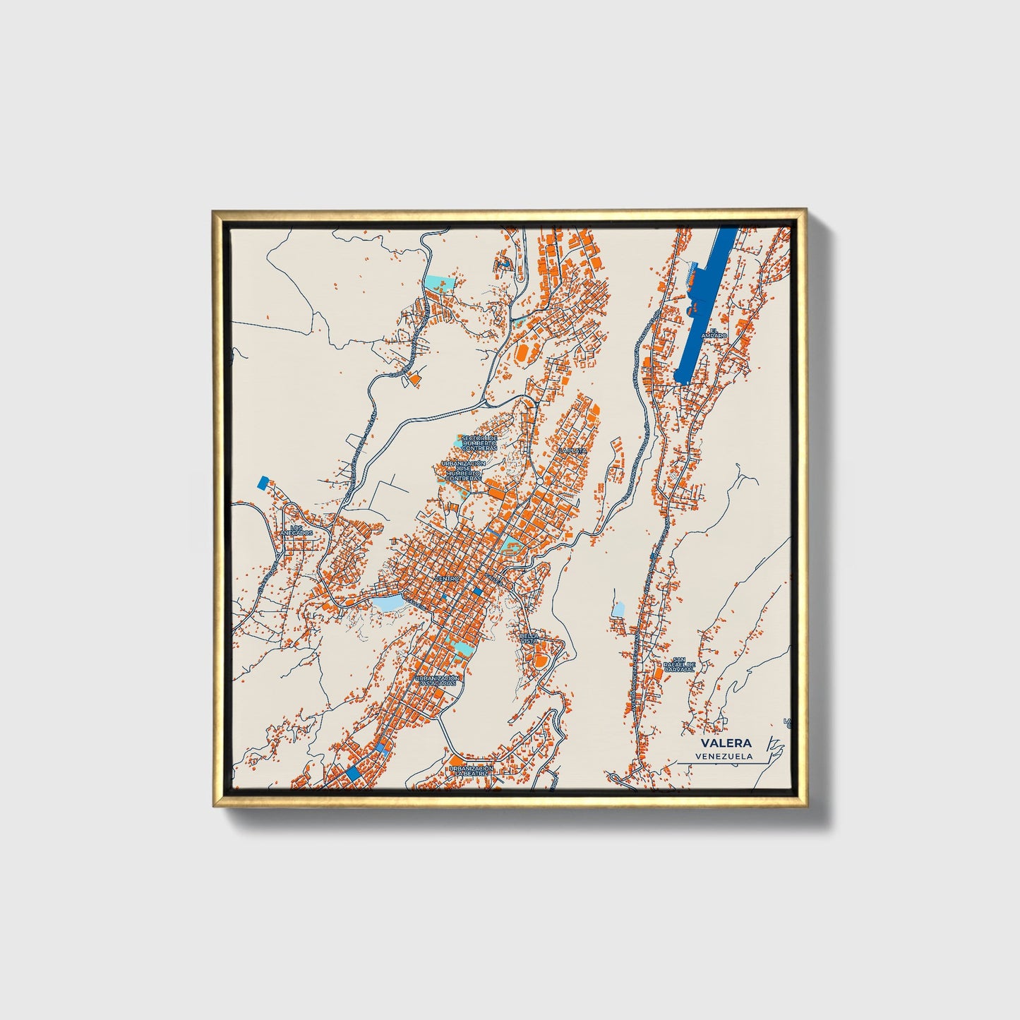 Valera Venezuela Colorful City Map Canvas Print • Gold Framed