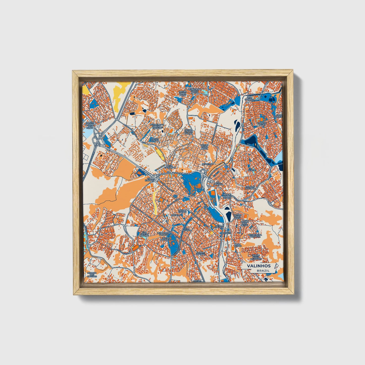 Valinhos Brazil Colorful City Map Canvas Print • Natural Wooden Framed