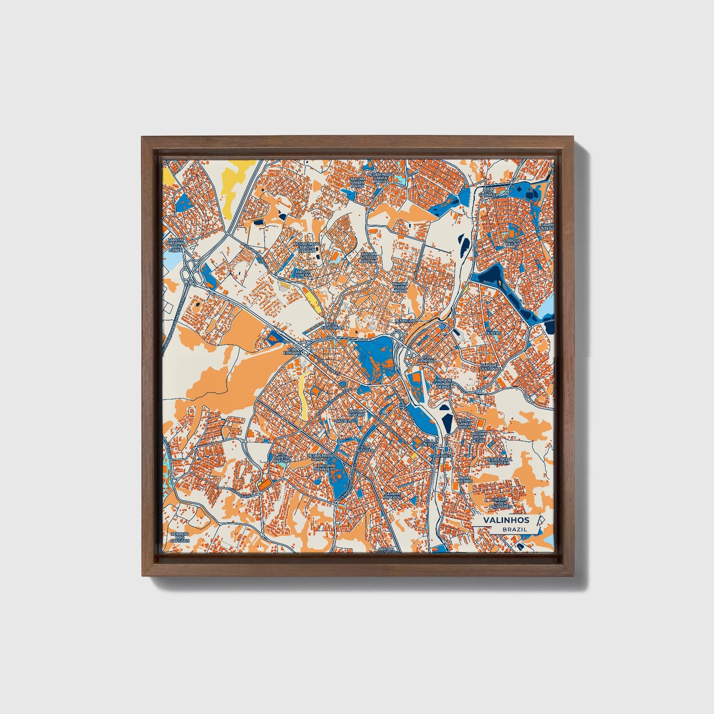 Valinhos Brazil Colorful City Map Canvas Print • Dark Wooden Framed