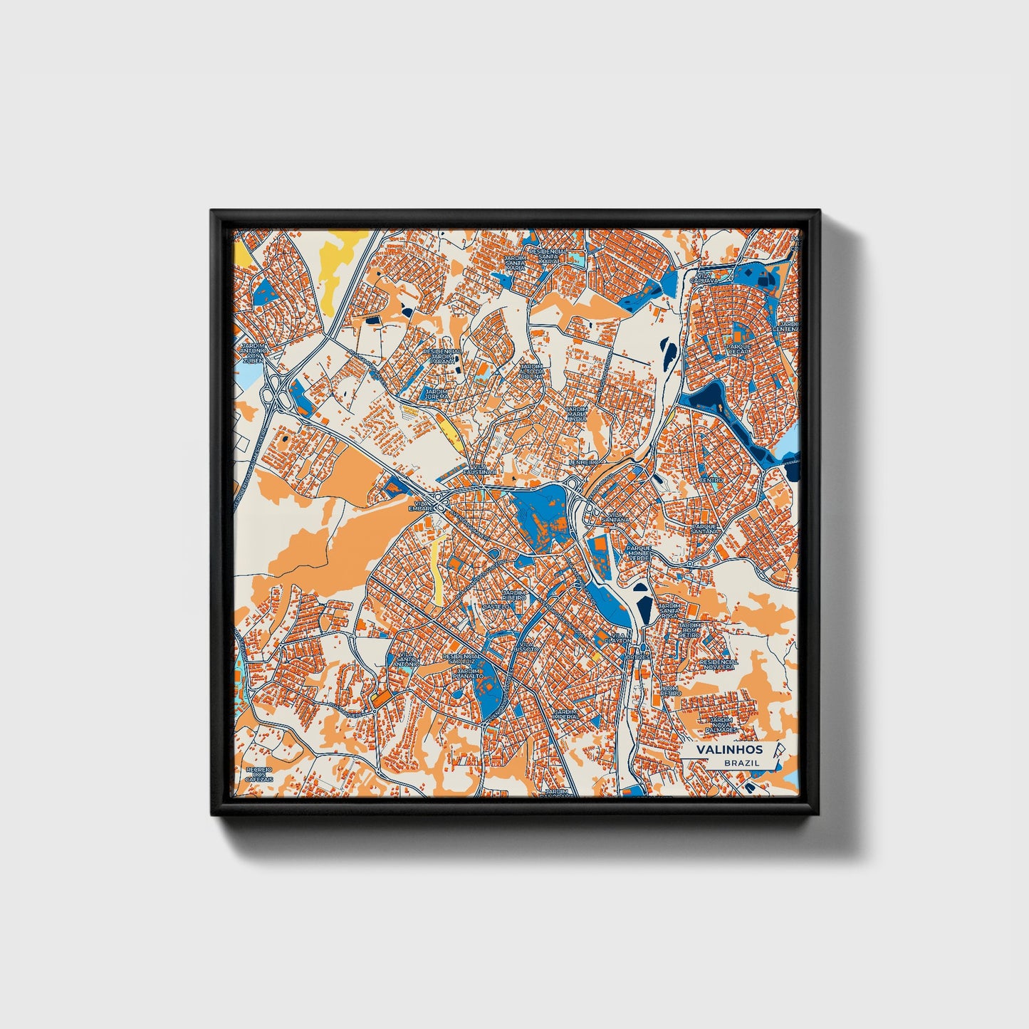Valinhos Brazil Colorful City Map Canvas Print • Black Framed