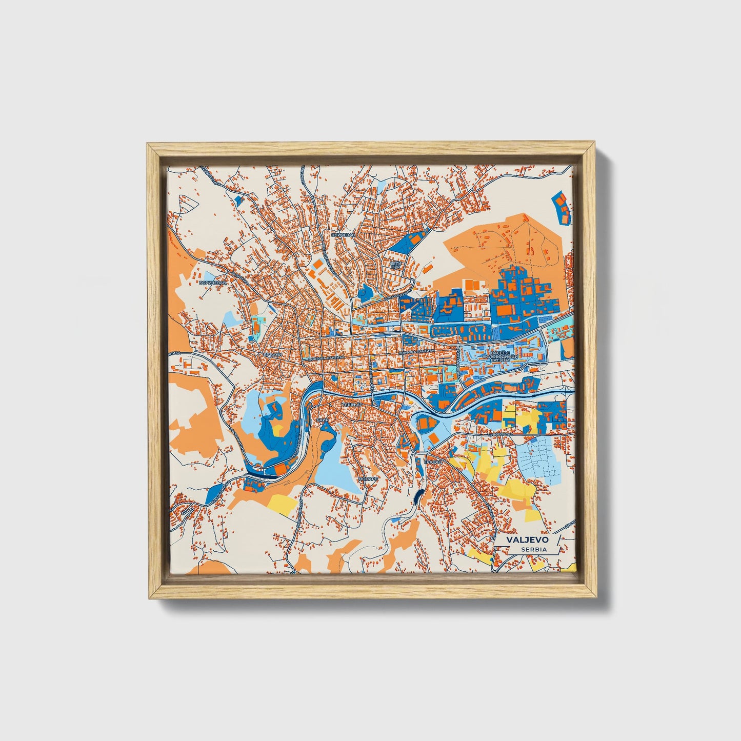 Ваљево Serbia Colorful City Map Canvas Print • Natural Wooden Framed