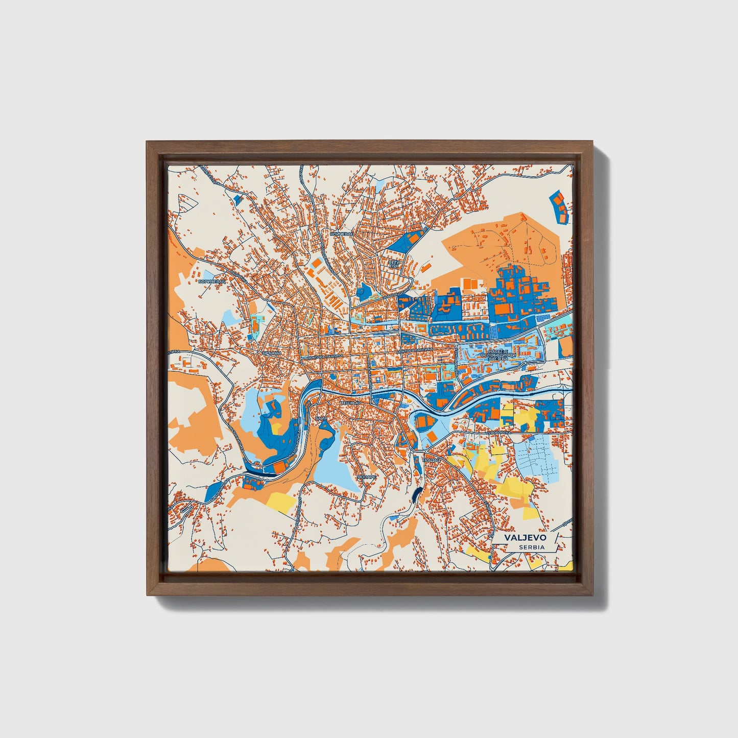 Ваљево Serbia Colorful City Map Canvas Print • Dark Wooden Framed