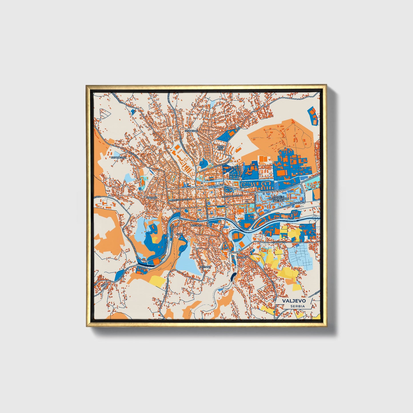 Ваљево Serbia Colorful City Map Canvas Print • Gold Framed