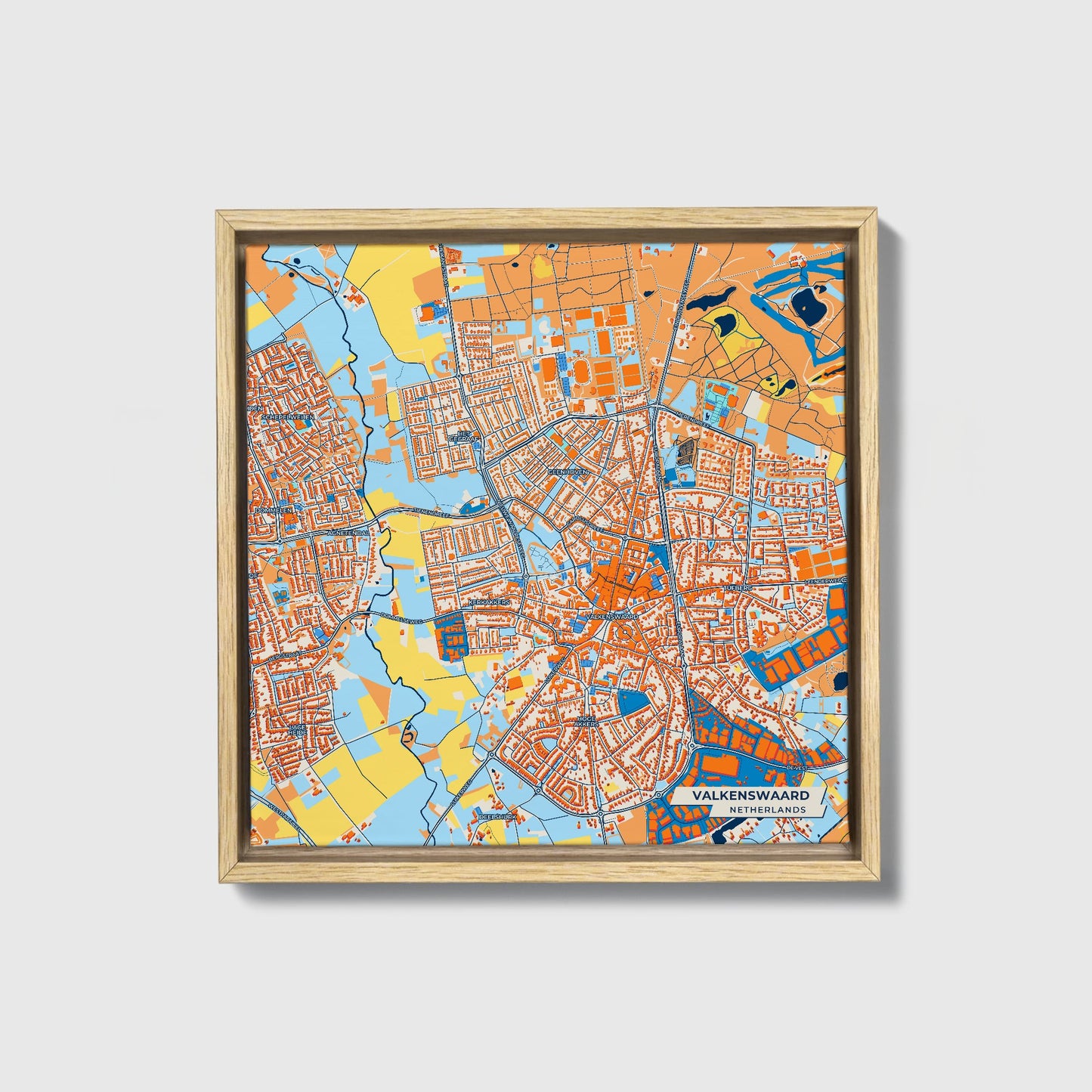 Valkenswaard Netherlands Colorful City Map Canvas Print • Natural Wooden Framed