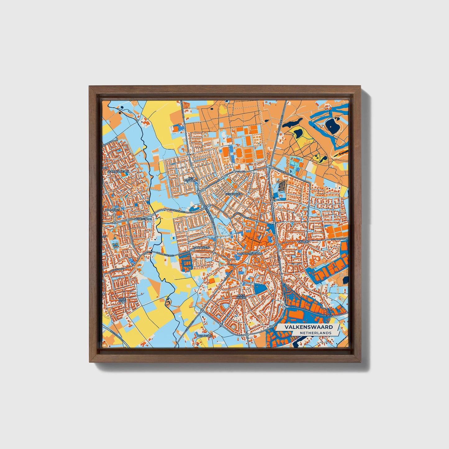 Valkenswaard Netherlands Colorful City Map Canvas Print • Dark Wooden Framed