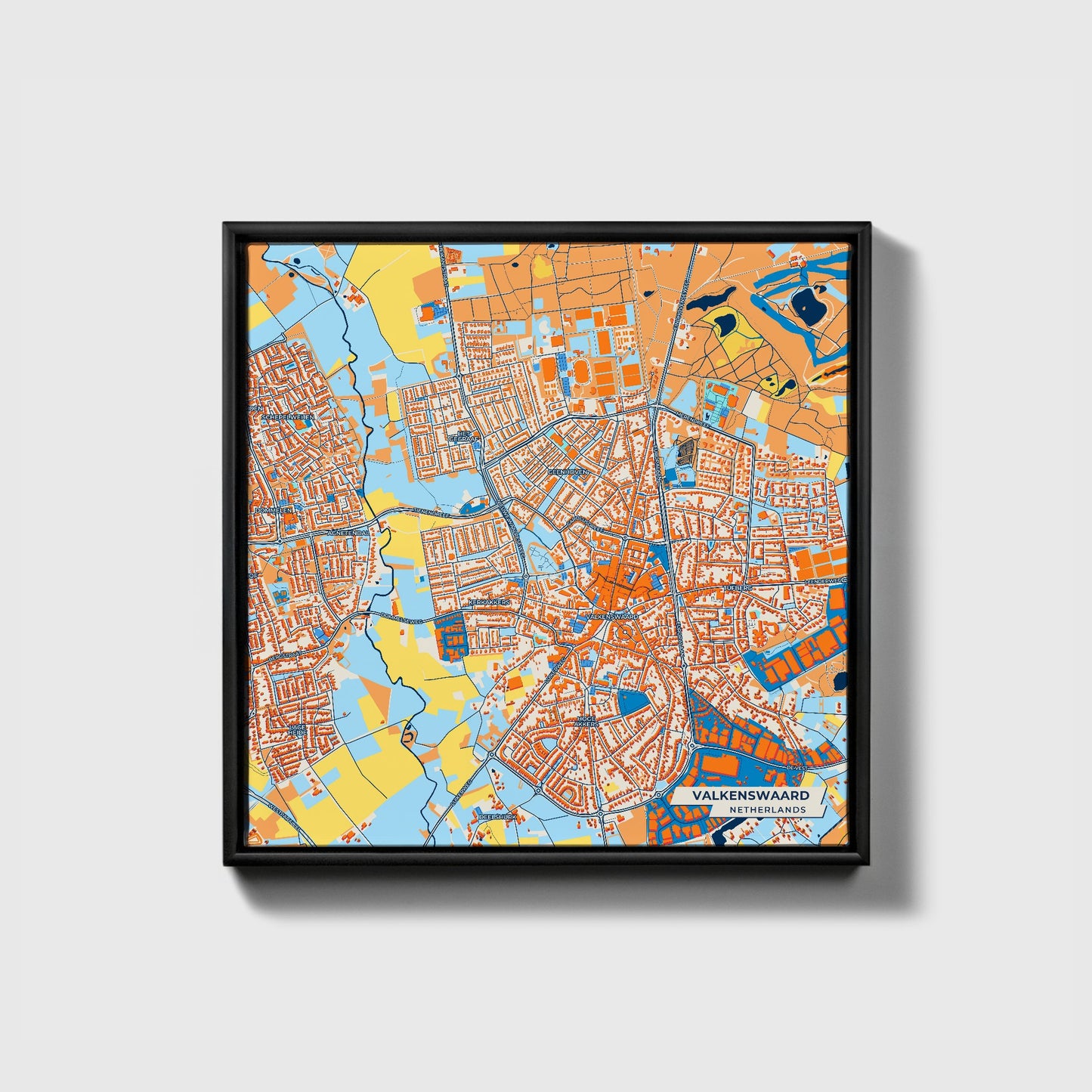 Valkenswaard Netherlands Colorful City Map Canvas Print • Black Framed