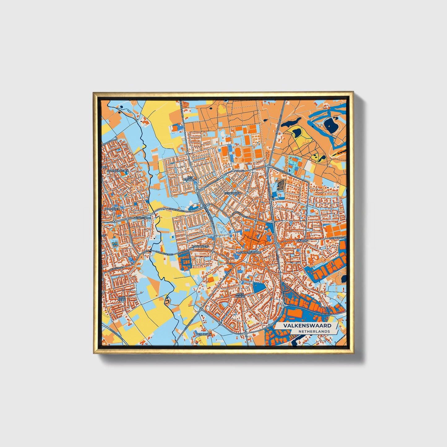 Valkenswaard Netherlands Colorful City Map Canvas Print • Gold Framed