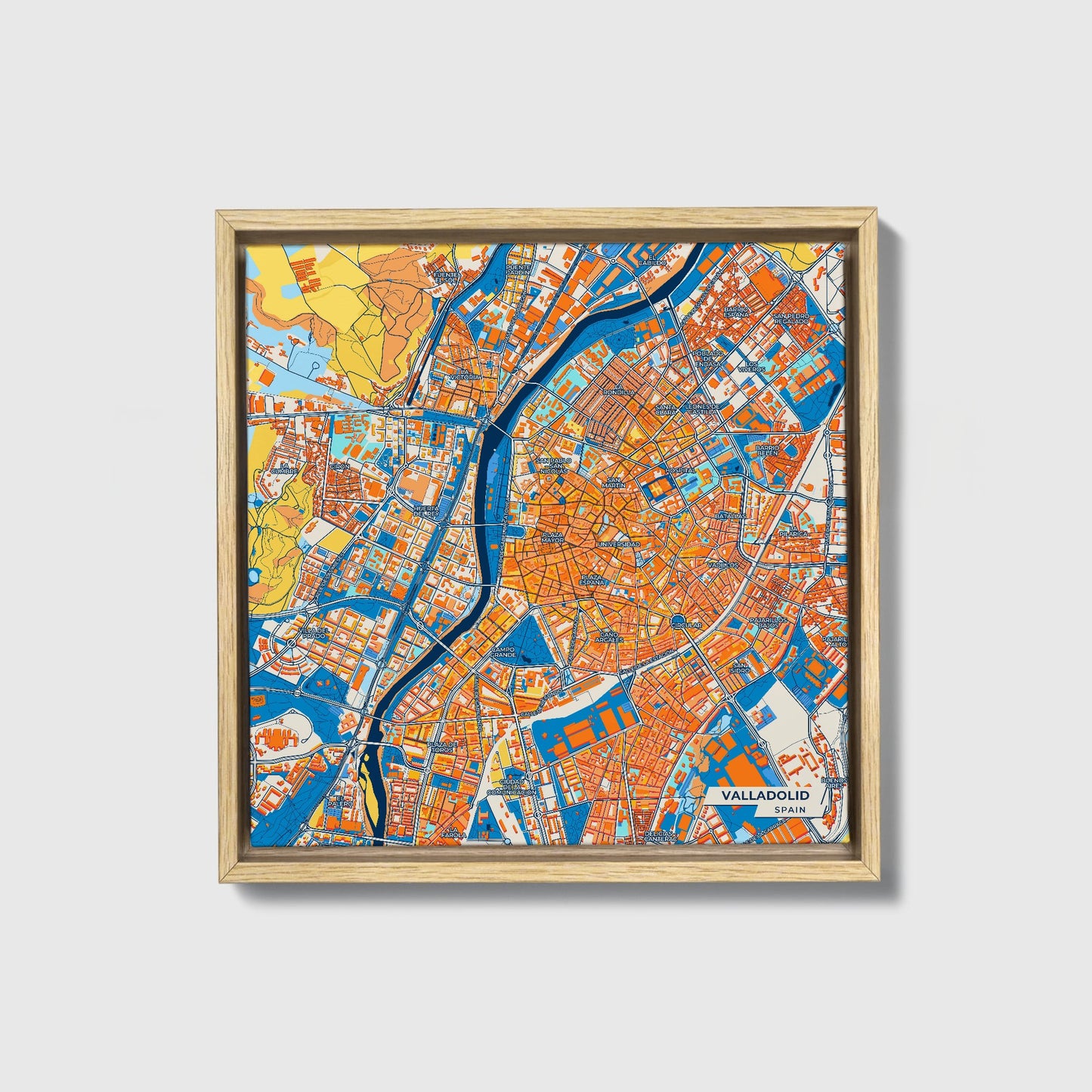 Valladolid Spain Colorful City Map Canvas Print • Natural Wooden Framed