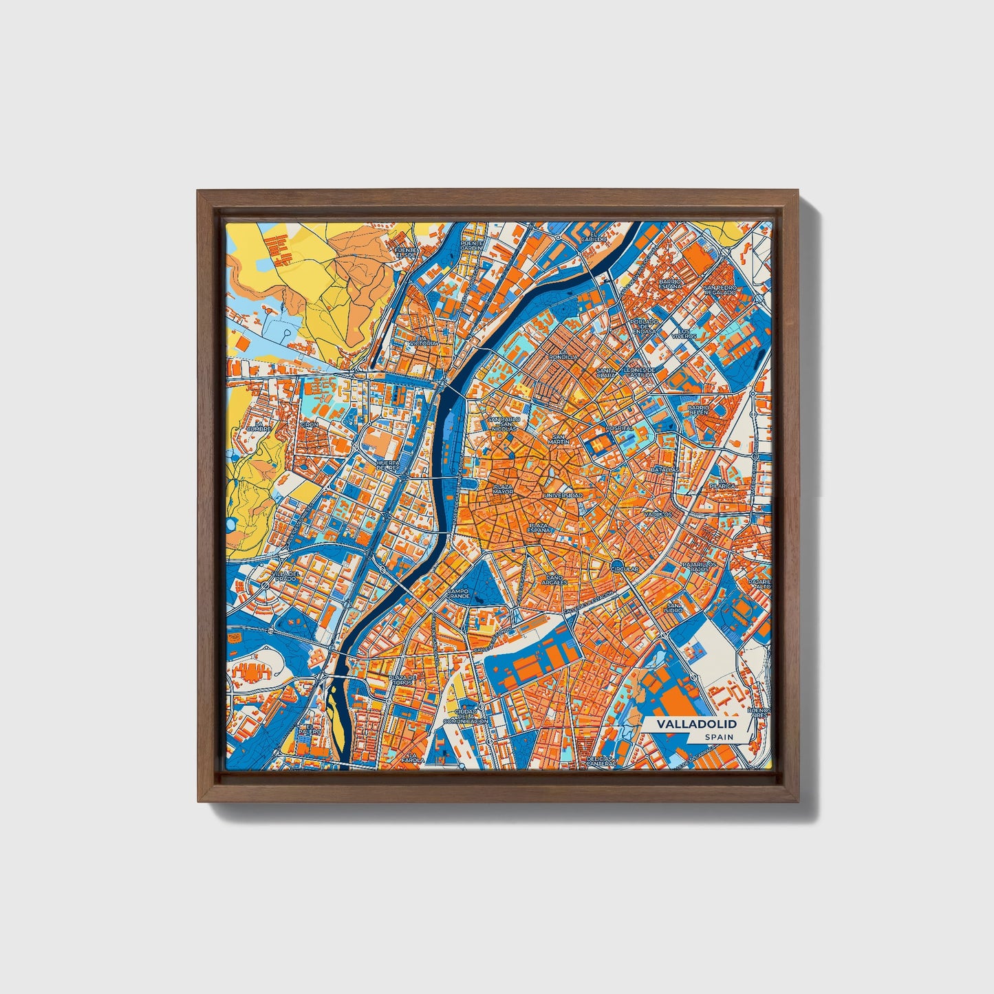 Valladolid Spain Colorful City Map Canvas Print • Dark Wooden Framed