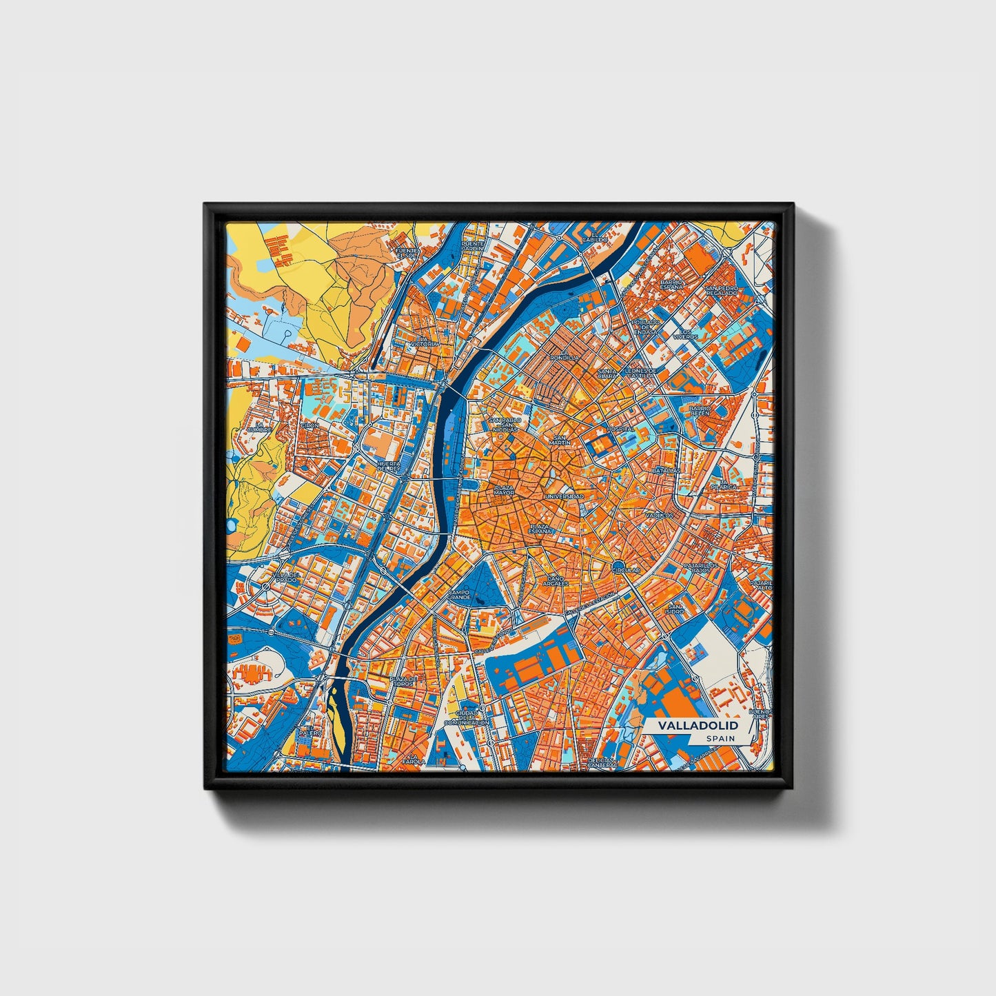 Valladolid Spain Colorful City Map Canvas Print • Black Framed