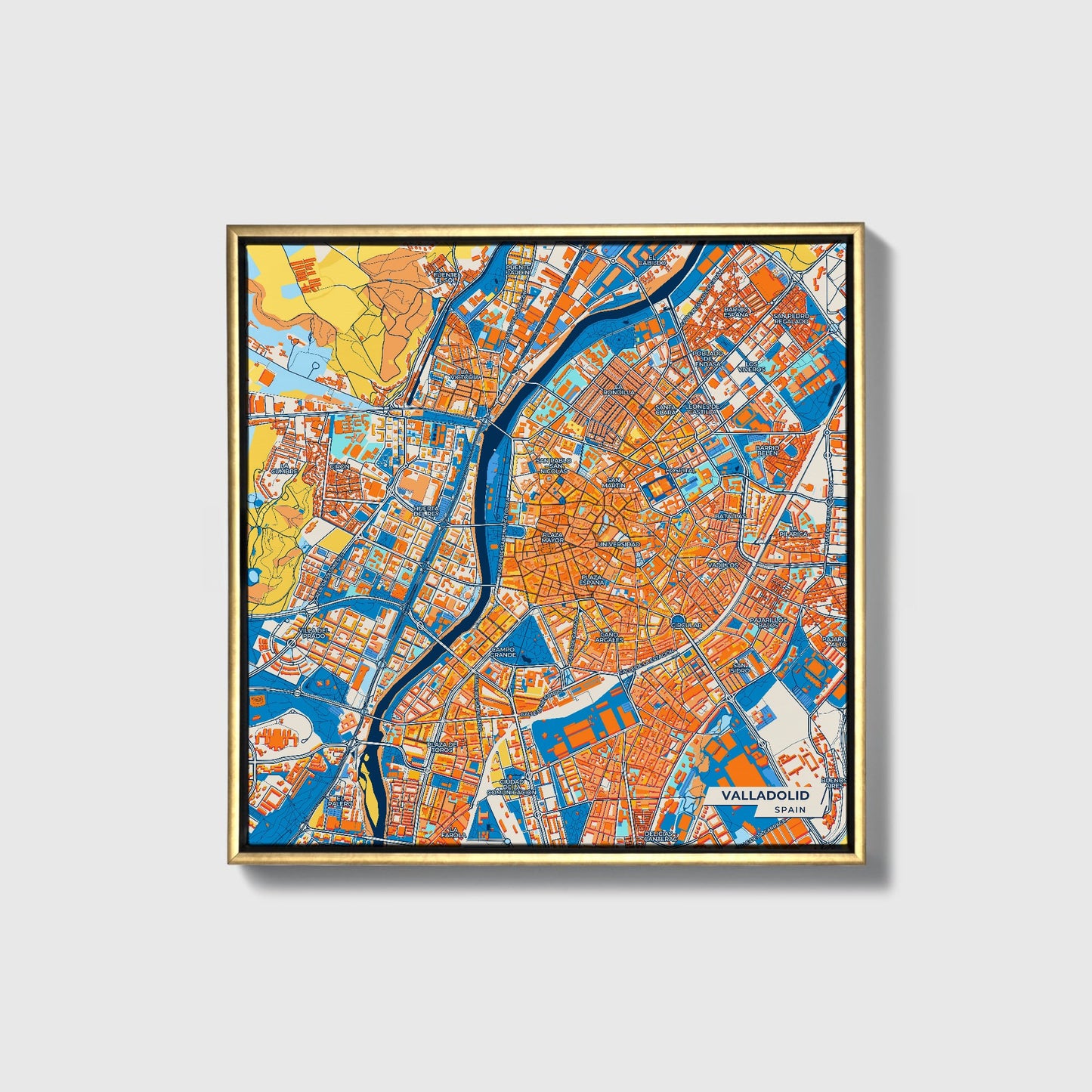 Valladolid Spain Colorful City Map Canvas Print • Gold Framed