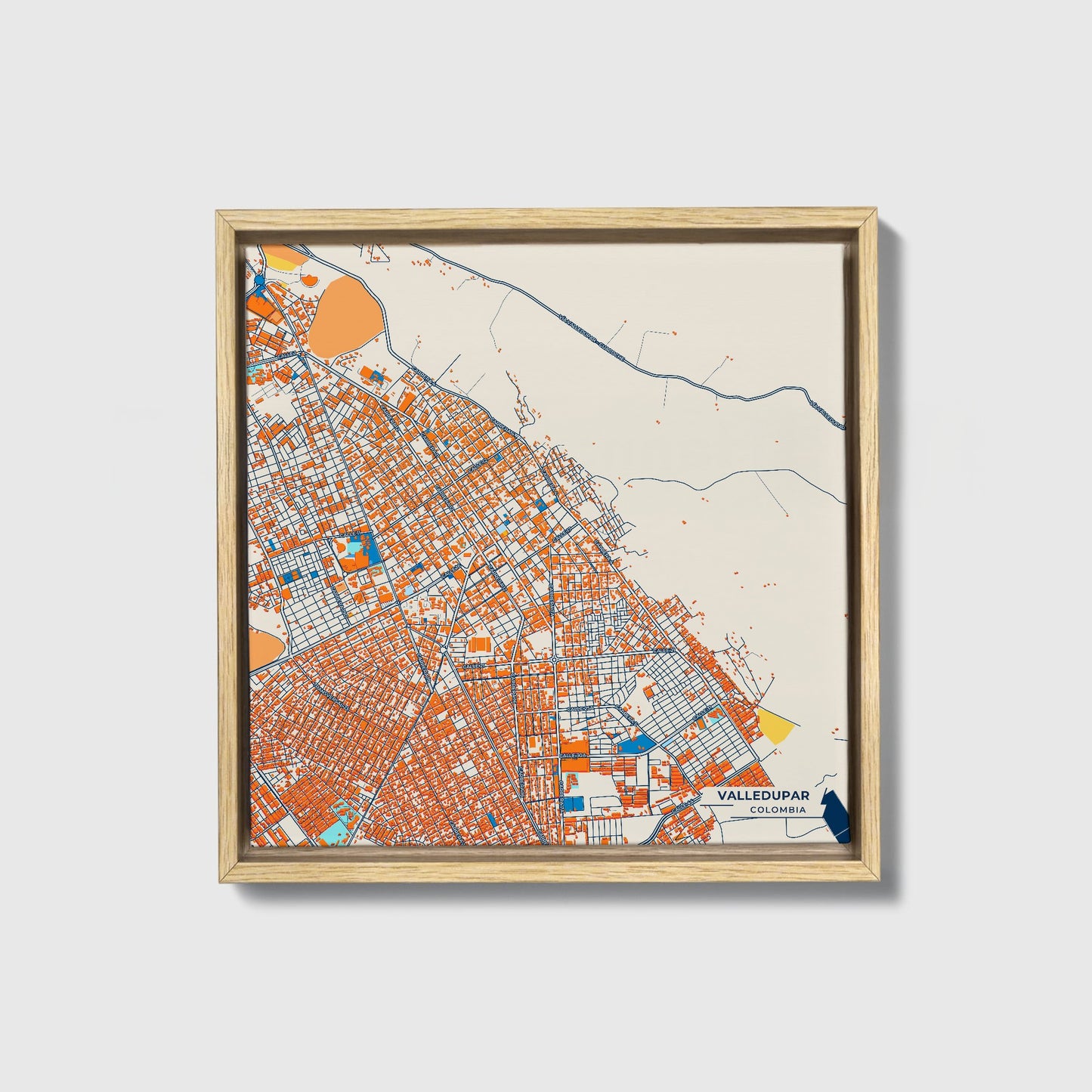 Valledupar Colombia Colorful City Map Canvas Print • Natural Wooden Framed