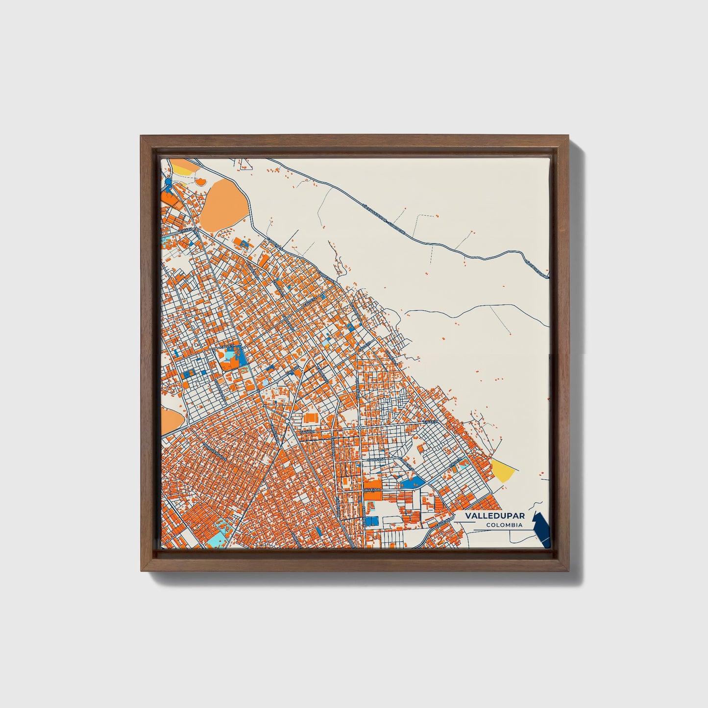 Valledupar Colombia Colorful City Map Canvas Print • Dark Wooden Framed