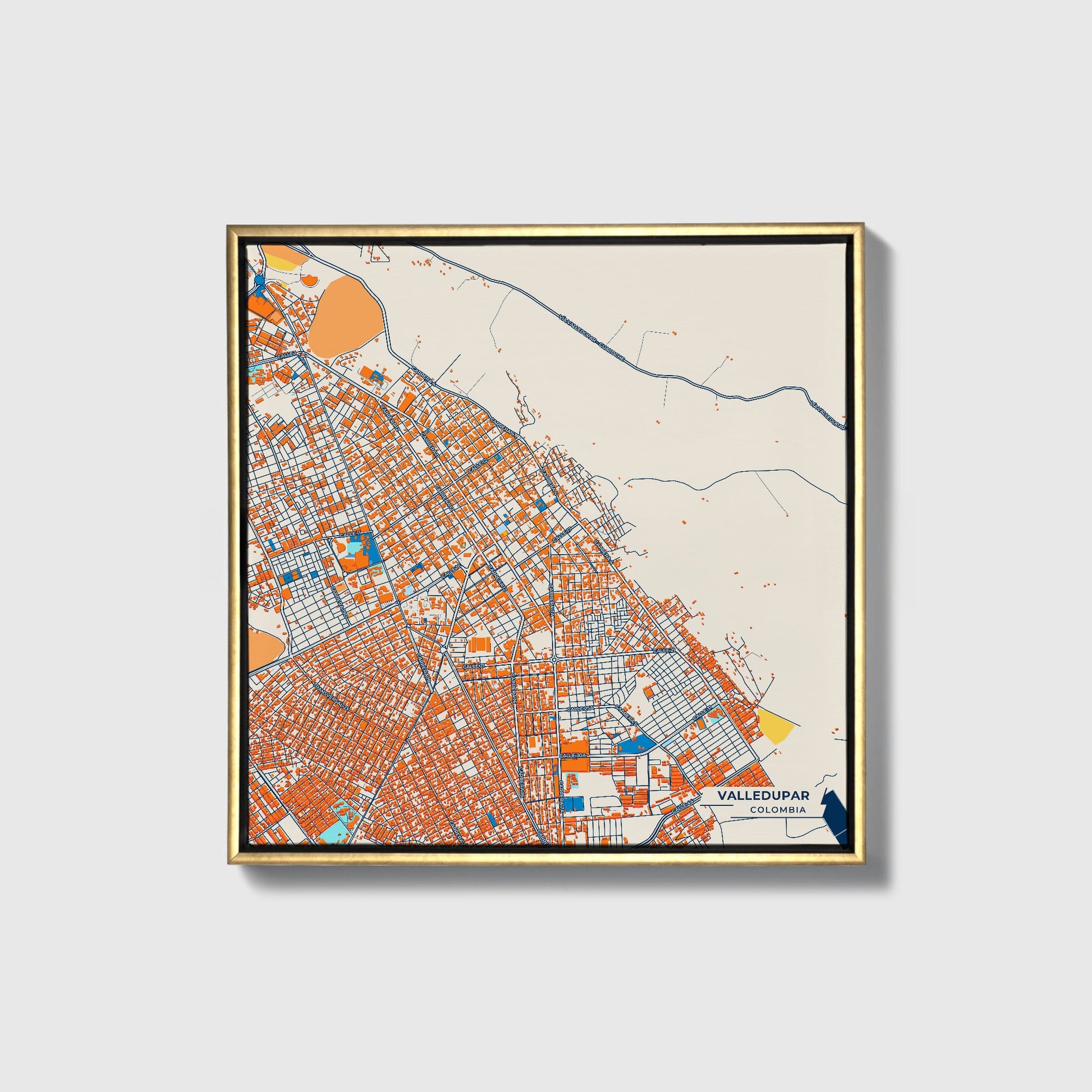 Valledupar Colombia Colorful City Map Canvas Print • Gold Framed
