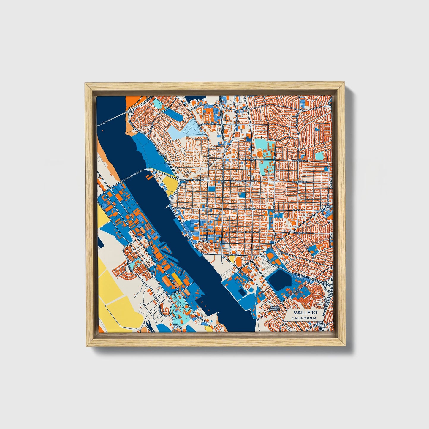 Vallejo California Colorful City Map Canvas Print • Natural Wooden Framed