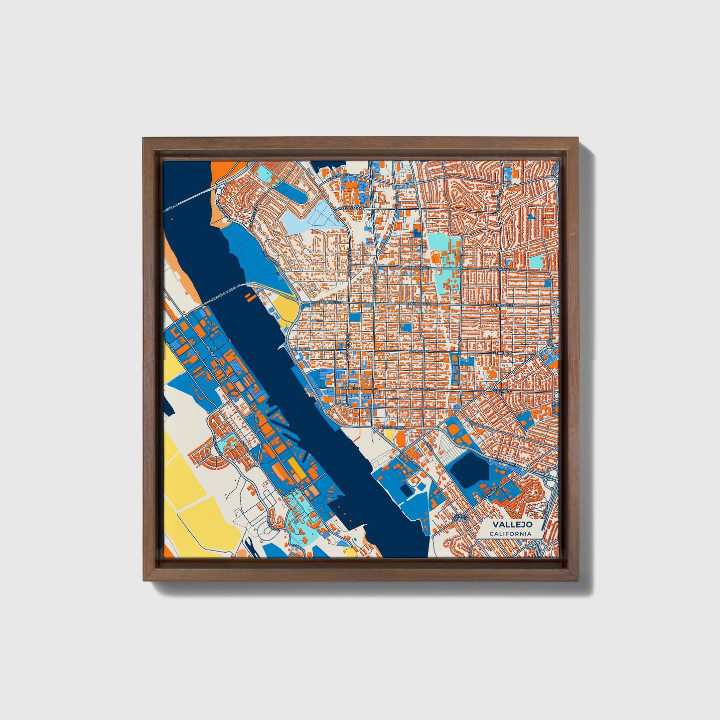 Vallejo California Colorful City Map Canvas Print • Dark Wooden Framed
