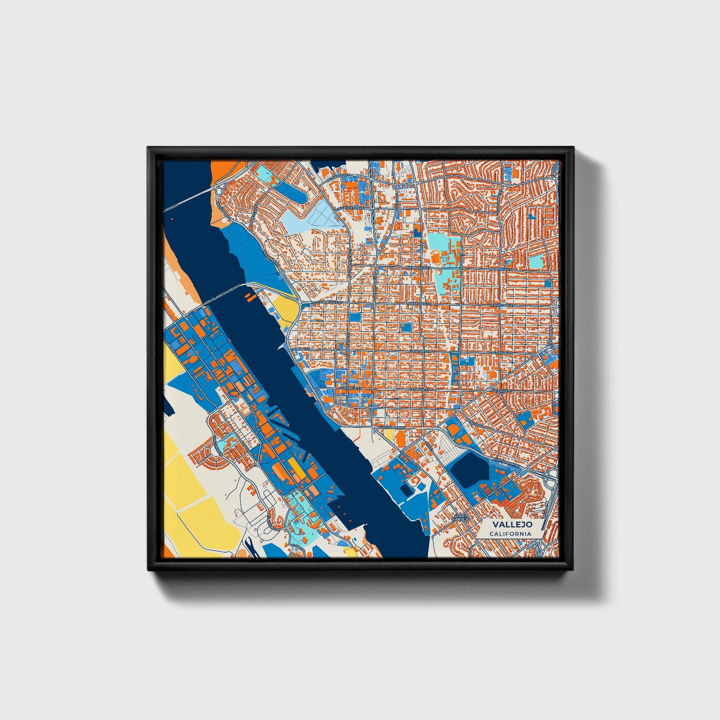 Vallejo California Colorful City Map Canvas Print • Black Framed