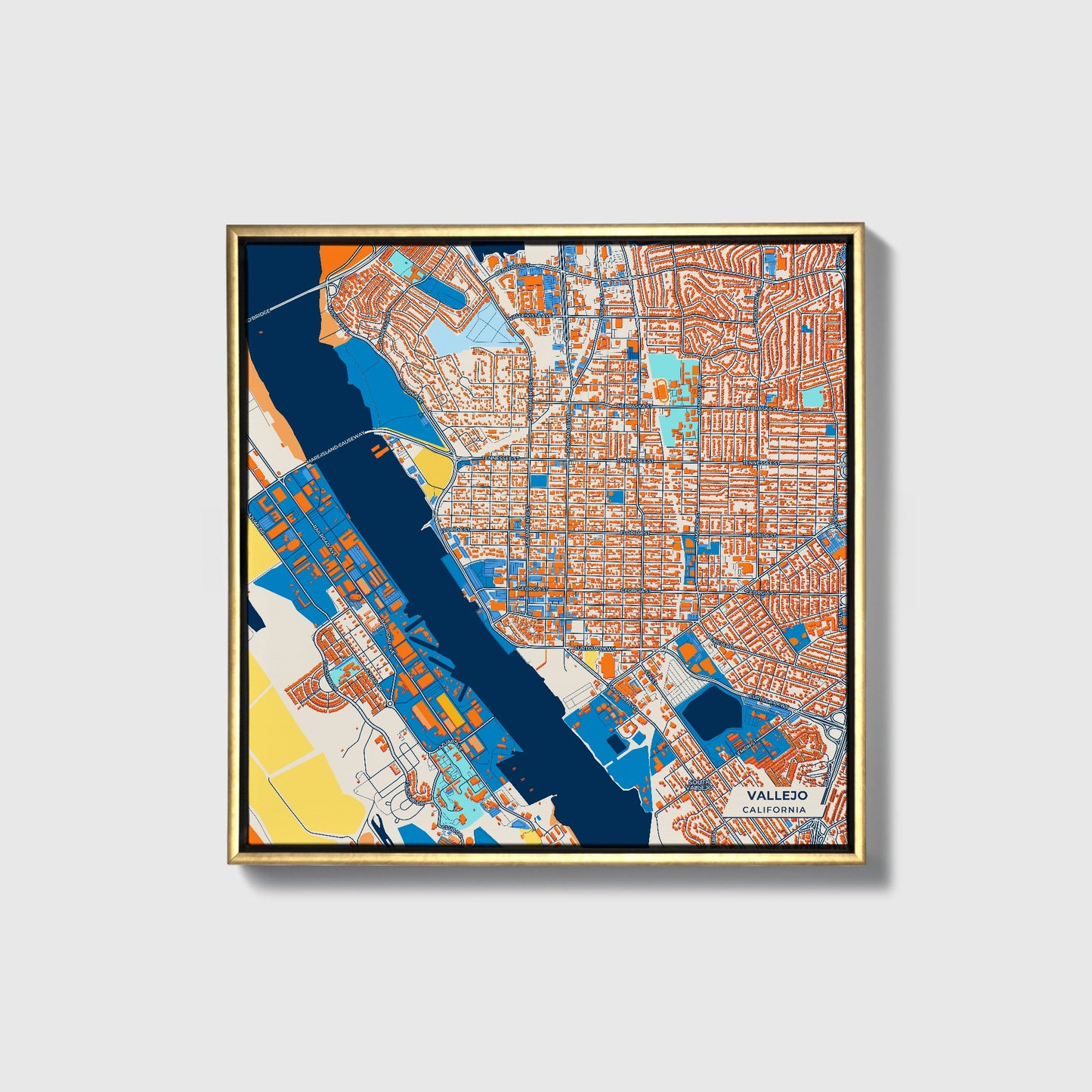 Vallejo California Colorful City Map Canvas Print • Gold Framed