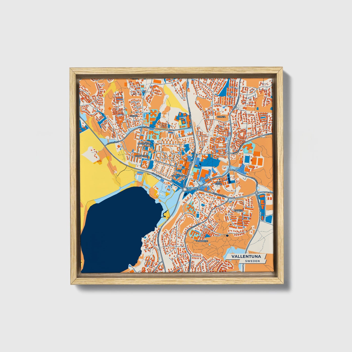 Vallentuna Sweden Colorful City Map Canvas Print • Natural Wooden Framed