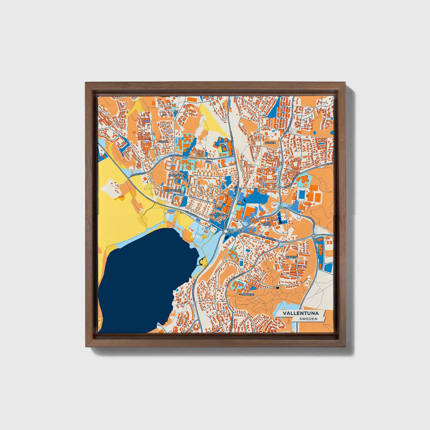 Vallentuna Sweden Colorful City Map Canvas Print • Dark Wooden Framed
