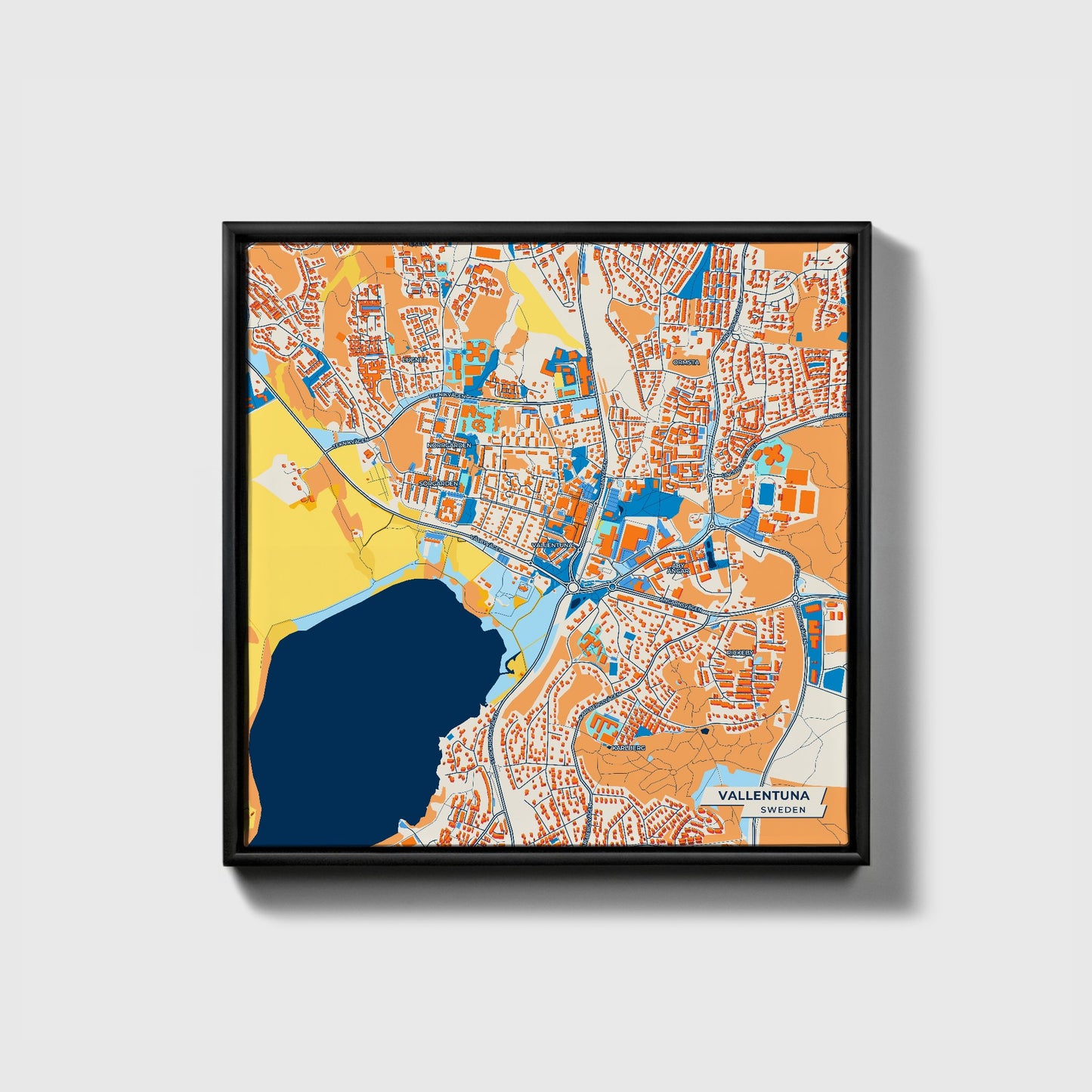 Vallentuna Sweden Colorful City Map Canvas Print • Black Framed