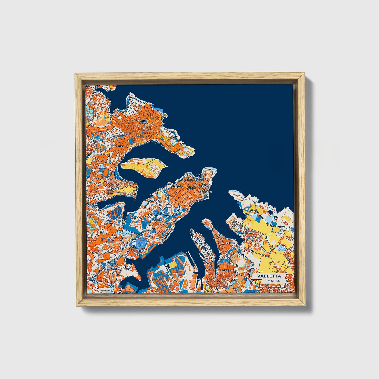 Valletta Malta Colorful City Map Canvas Print • Natural Wooden Framed