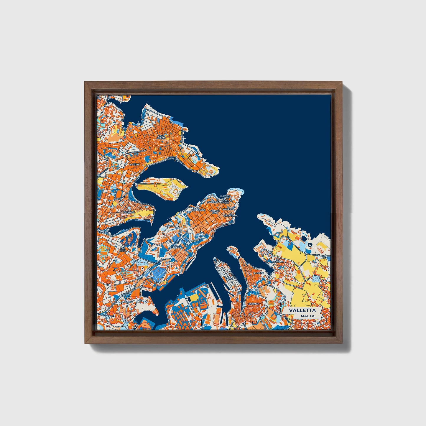 Valletta Malta Colorful City Map Canvas Print • Dark Wooden Framed