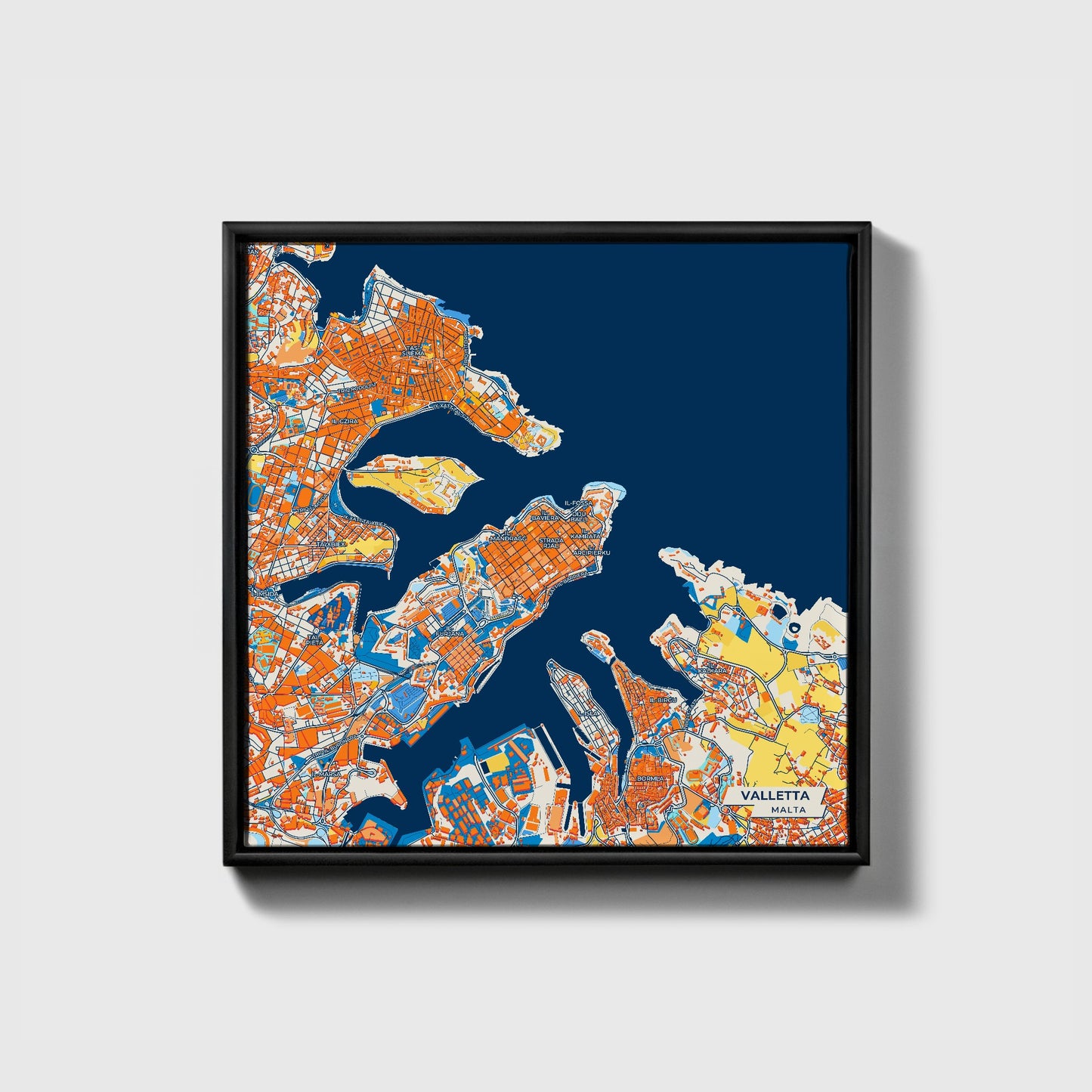 Valletta Malta Colorful City Map Canvas Print • Black Framed