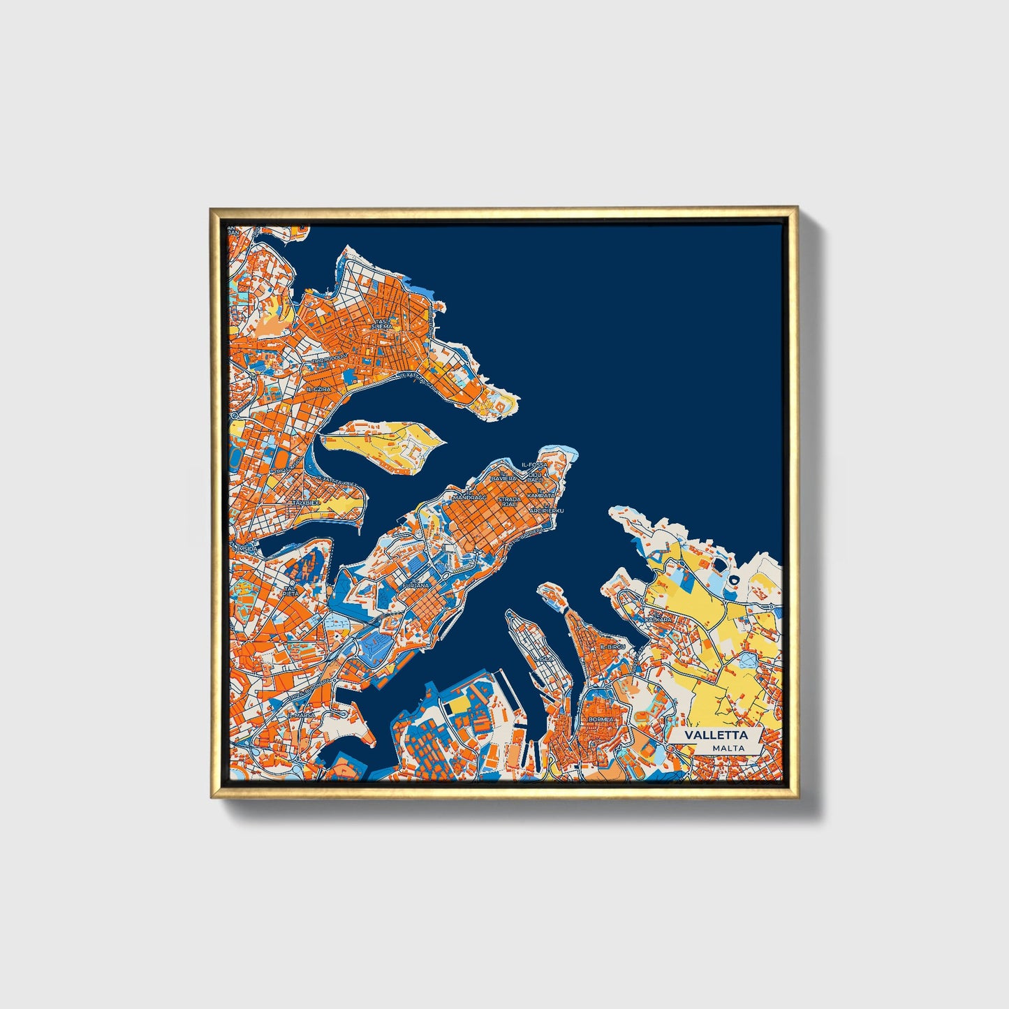 Valletta Malta Colorful City Map Canvas Print • Gold Framed