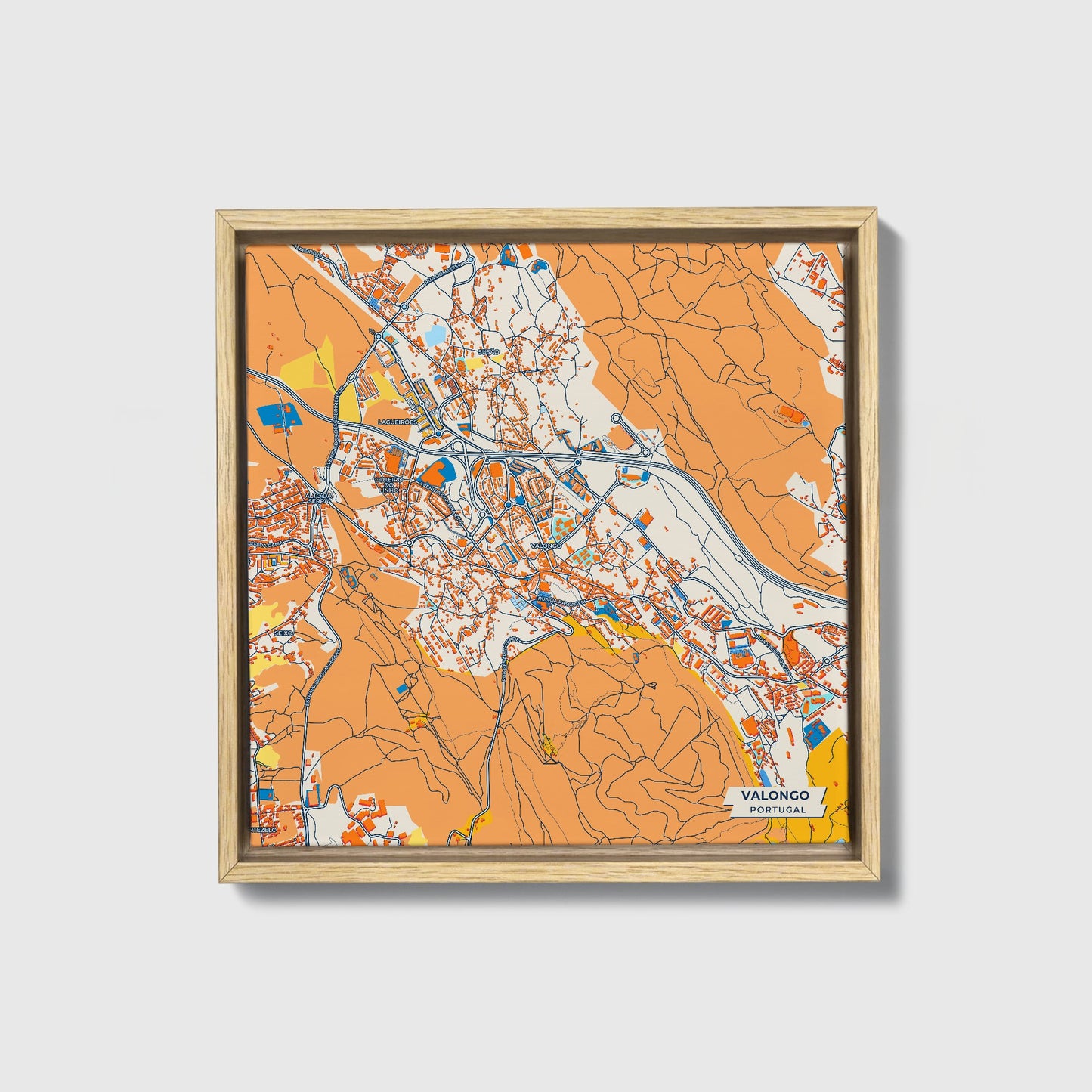 Valongo Portugal Colorful City Map Canvas Print • Natural Wooden Framed