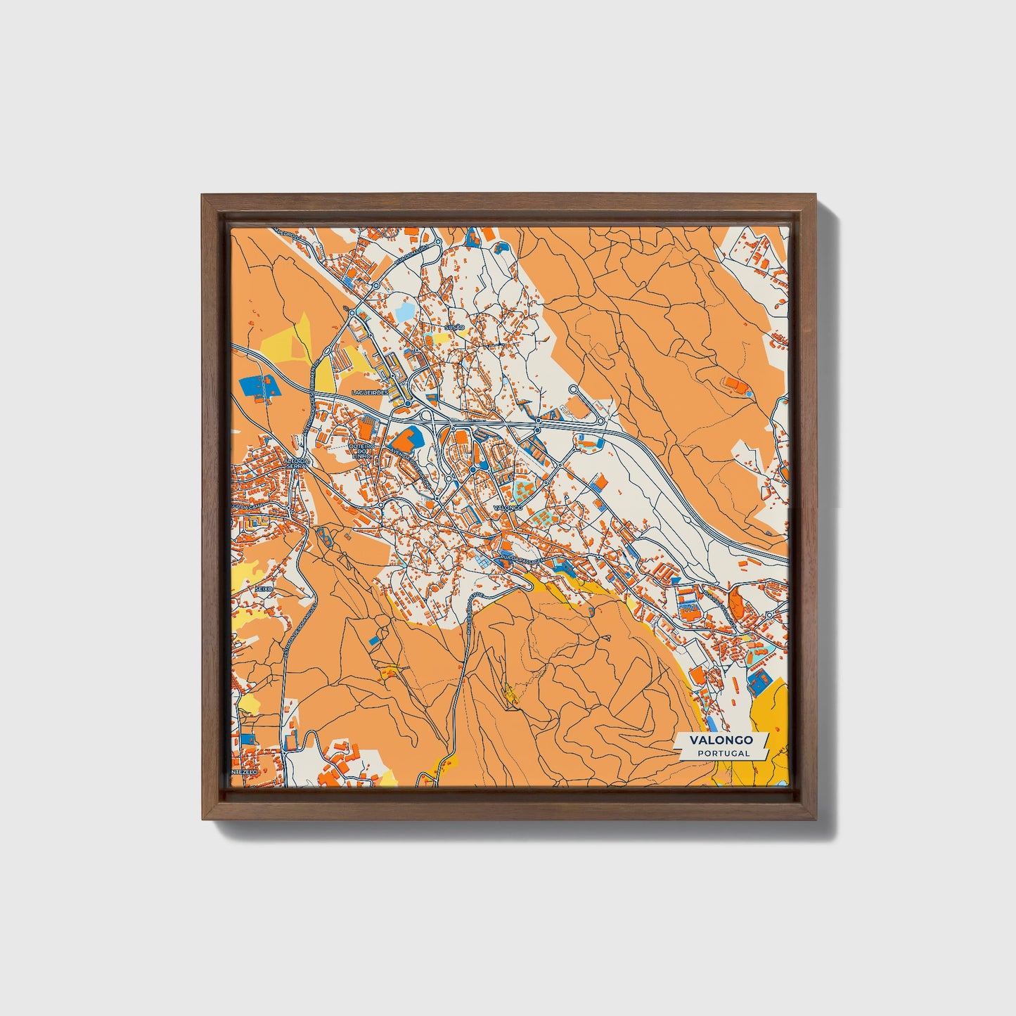 Valongo Portugal Colorful City Map Canvas Print • Dark Wooden Framed