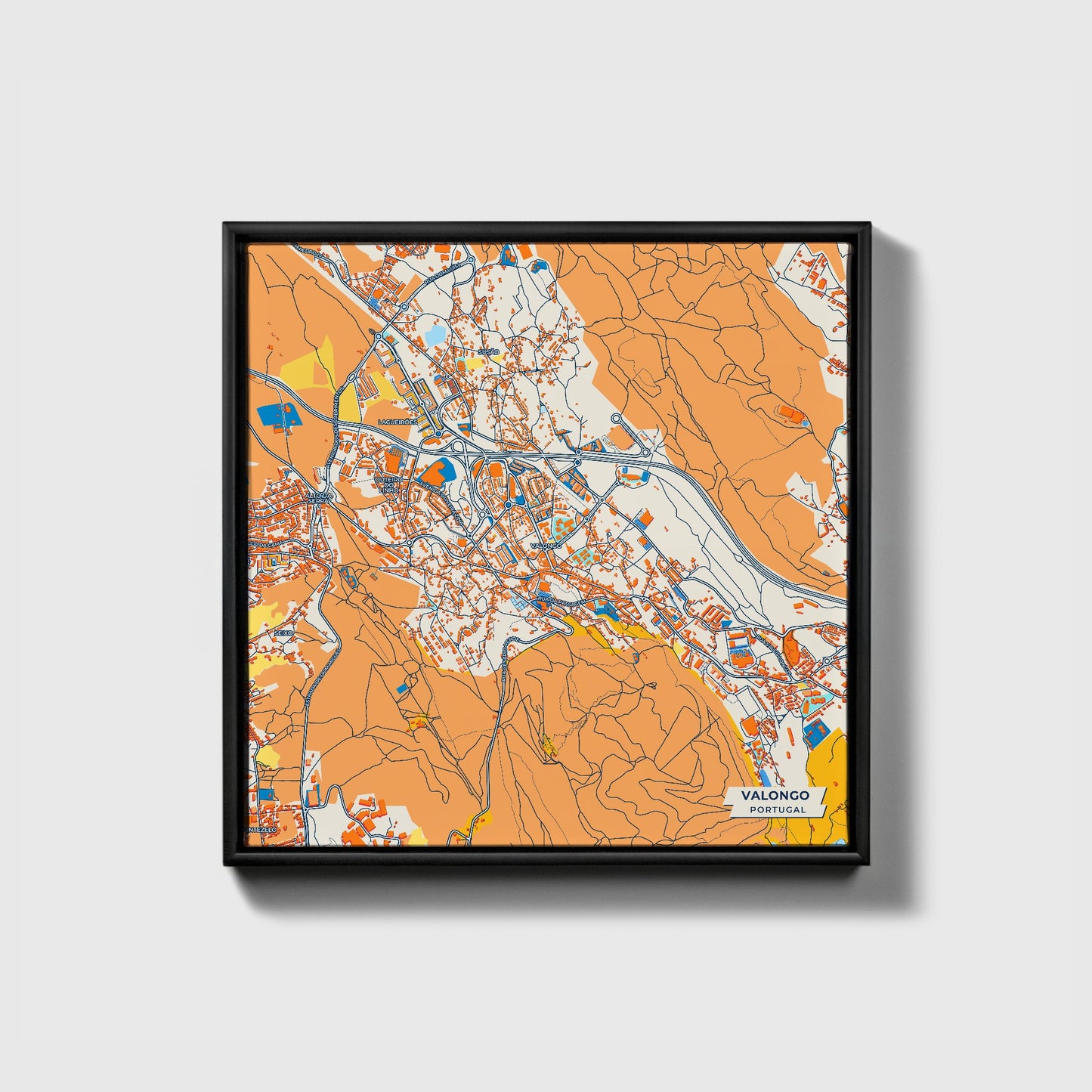 Valongo Portugal Colorful City Map Canvas Print • Black Framed