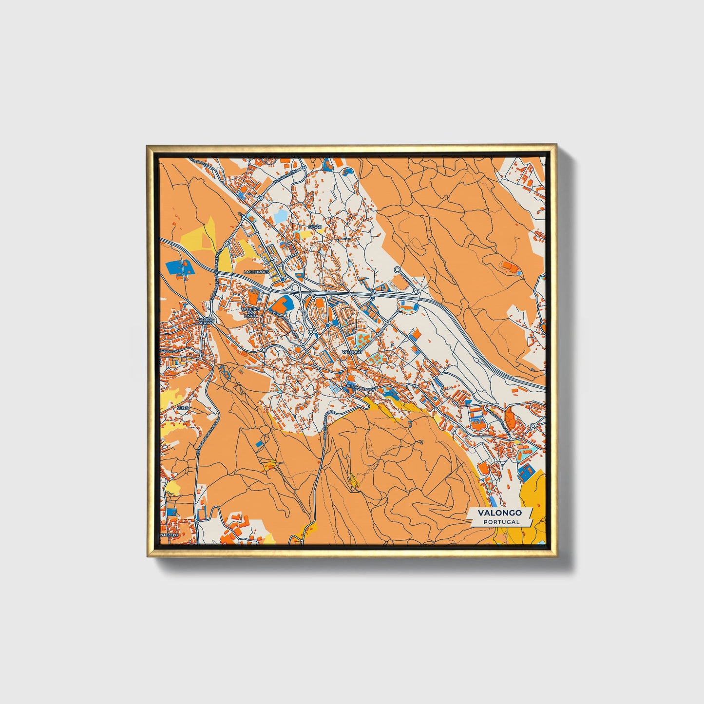 Valongo Portugal Colorful City Map Canvas Print • Gold Framed