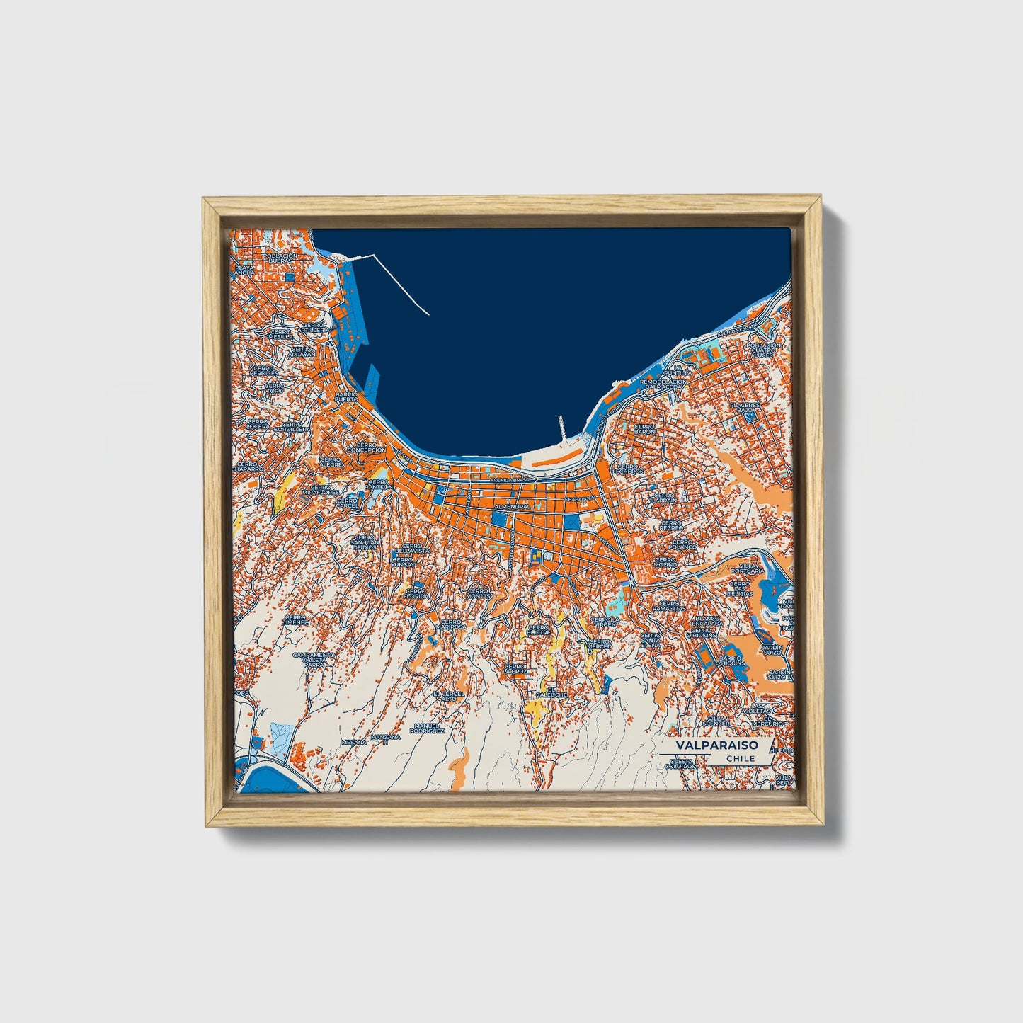 Valparaiso Chile Colorful City Map Canvas Print • Natural Wooden Framed