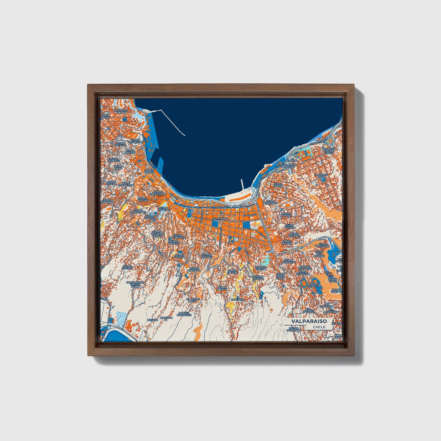 Valparaiso Chile Colorful City Map Canvas Print • Dark Wooden Framed