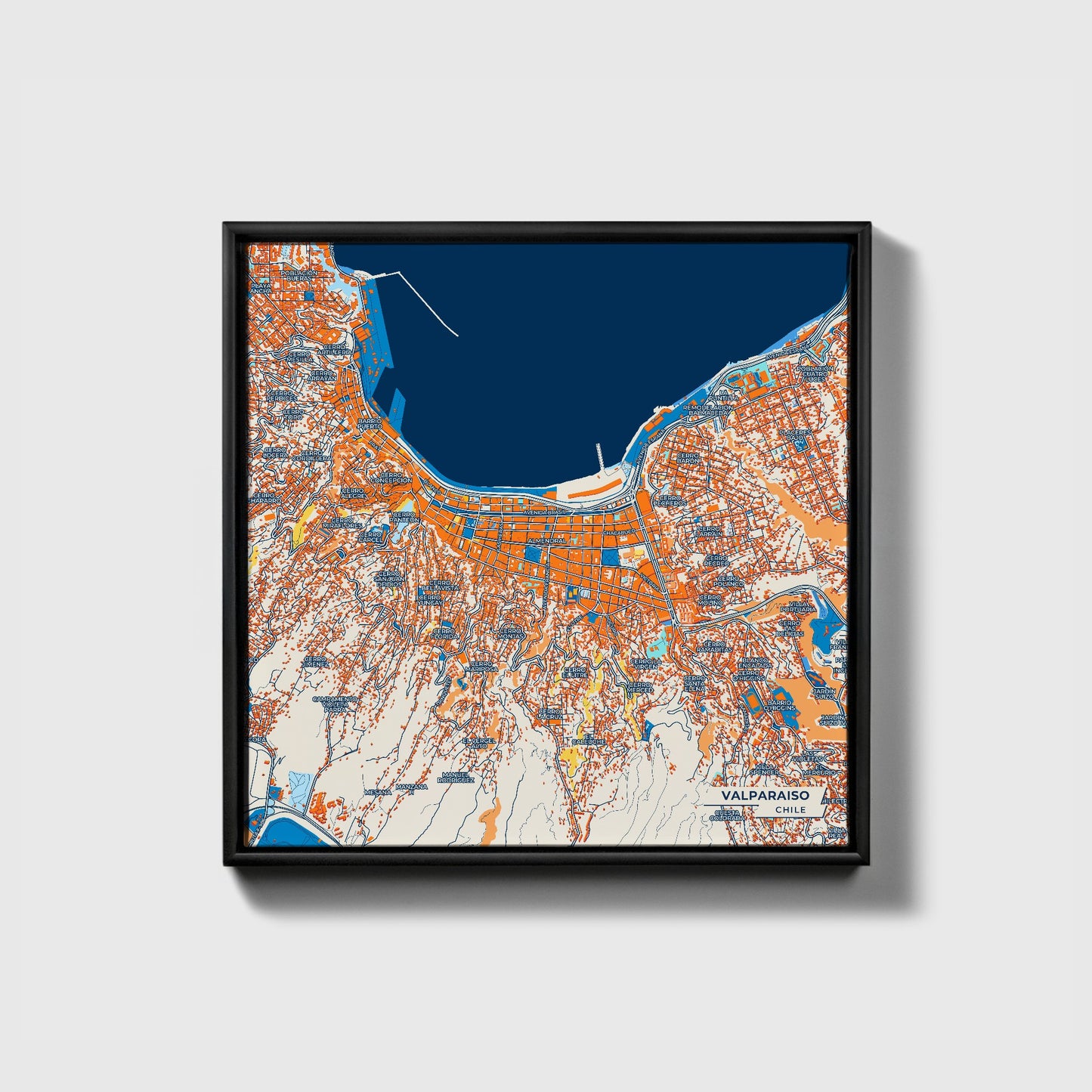 Valparaiso Chile Colorful City Map Canvas Print • Black Framed