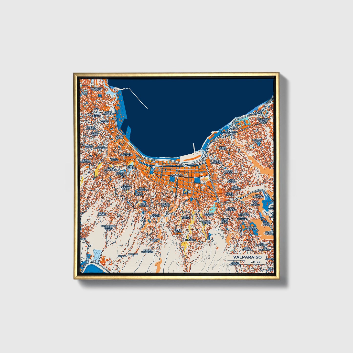 Valparaiso Chile Colorful City Map Canvas Print • Gold Framed