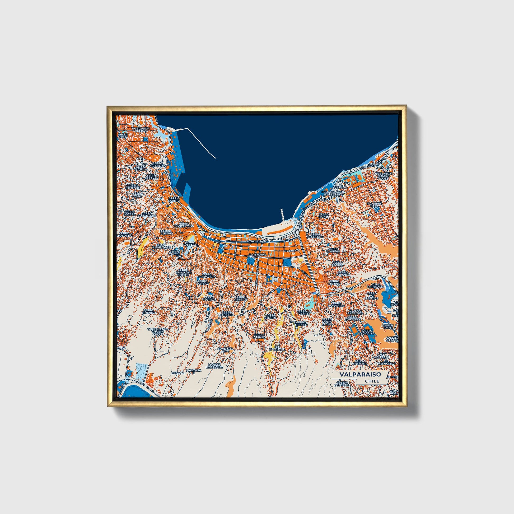 Valparaiso Chile Colorful City Map Canvas Print • Gold Framed